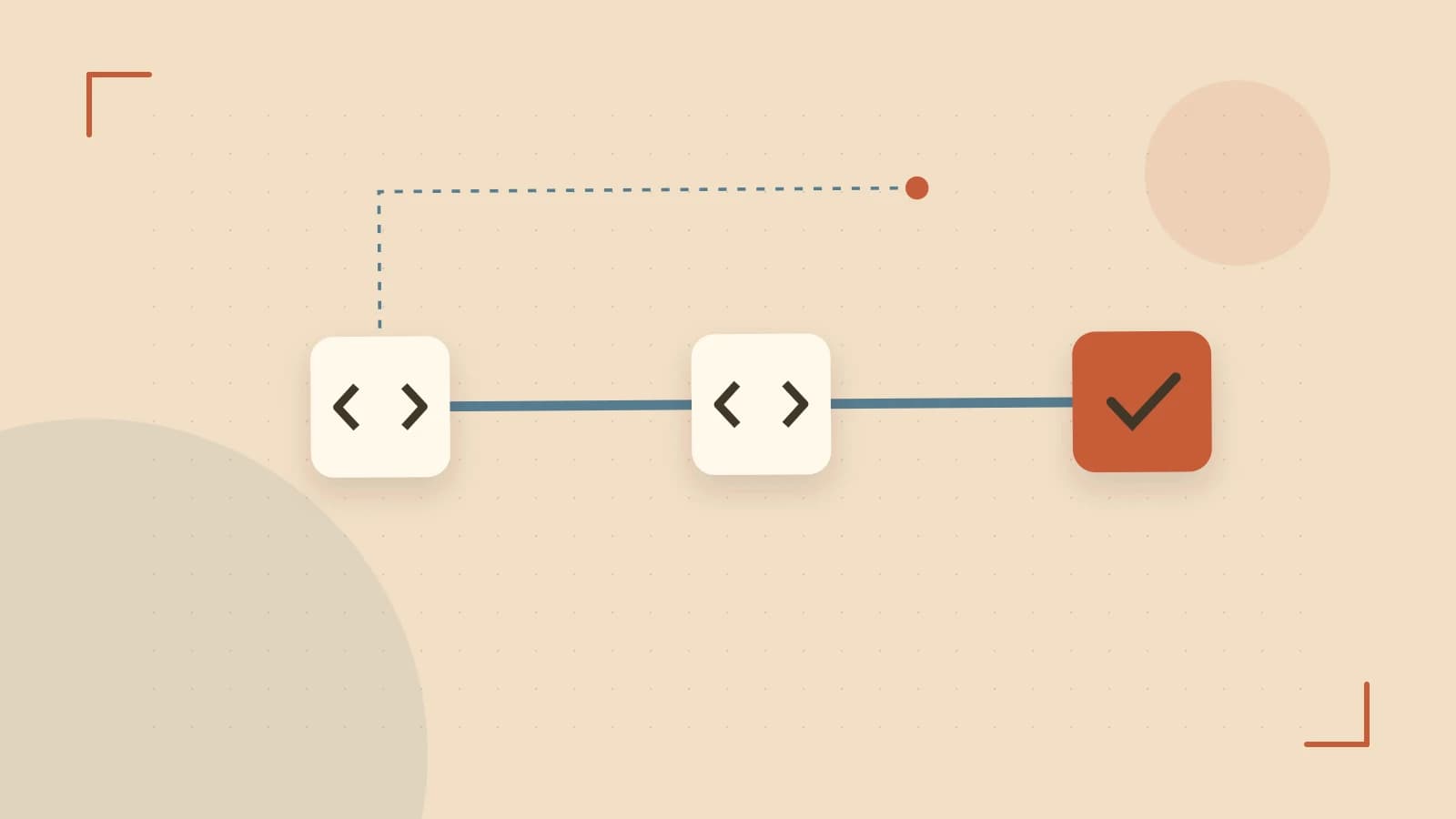 Editorial illustration of a branching build pipeline, staged transformations and a completed check