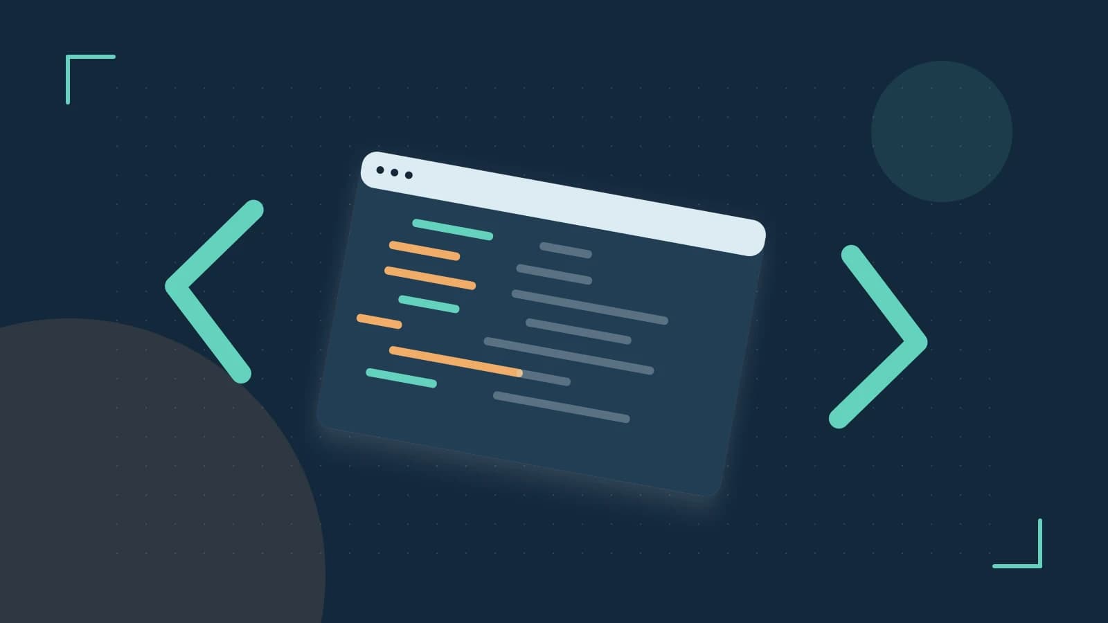 Editorial illustration of an abstract code editor, syntax blocks and oversized programming brackets