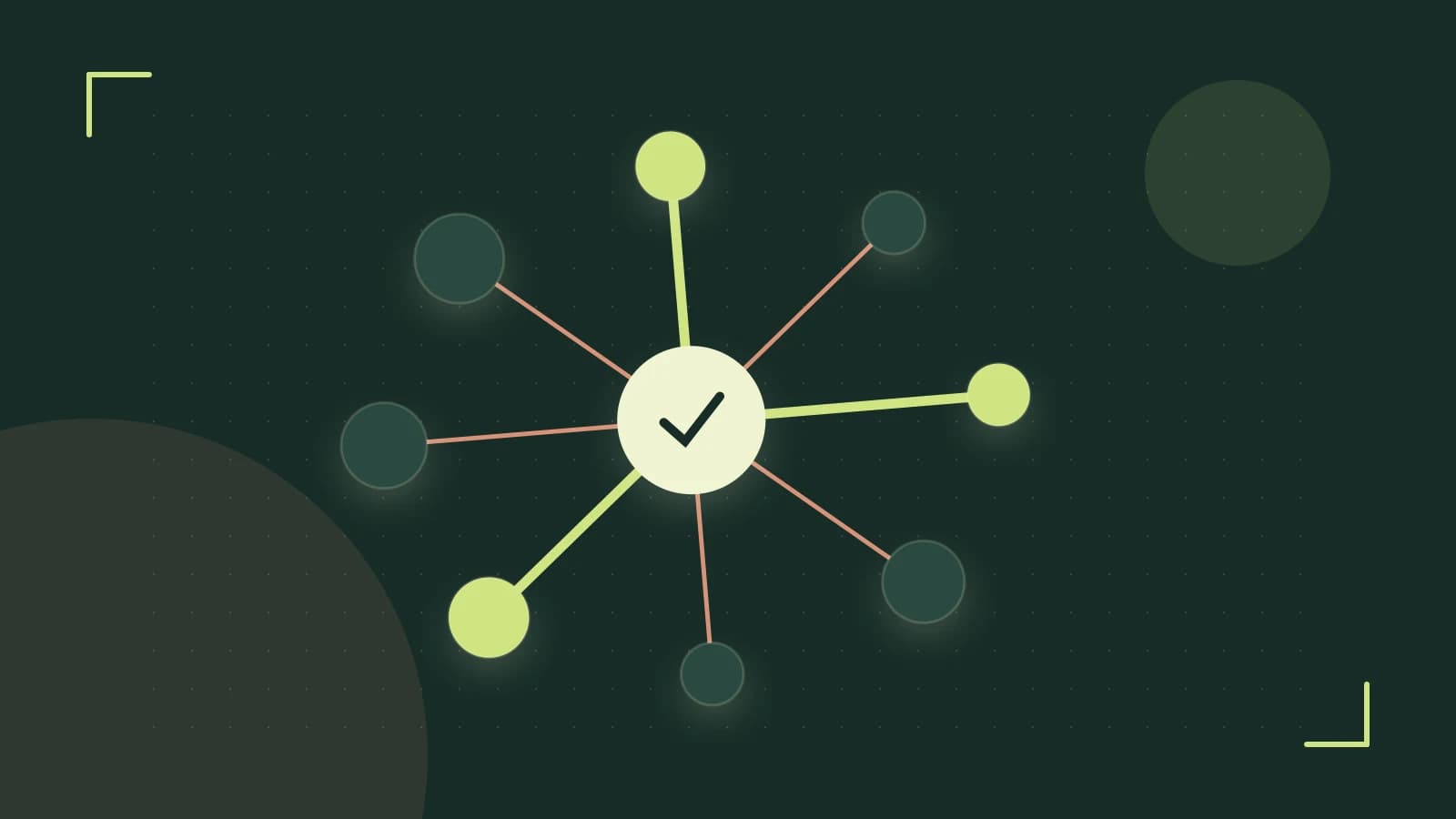 Editorial illustration of an algorithmic node graph with branching paths and a highlighted result