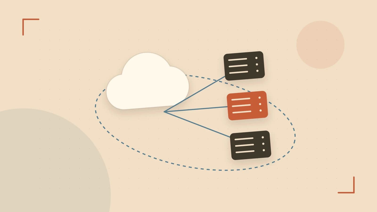 Editorial illustration of cloud infrastructure, connected server racks and an orbital service map