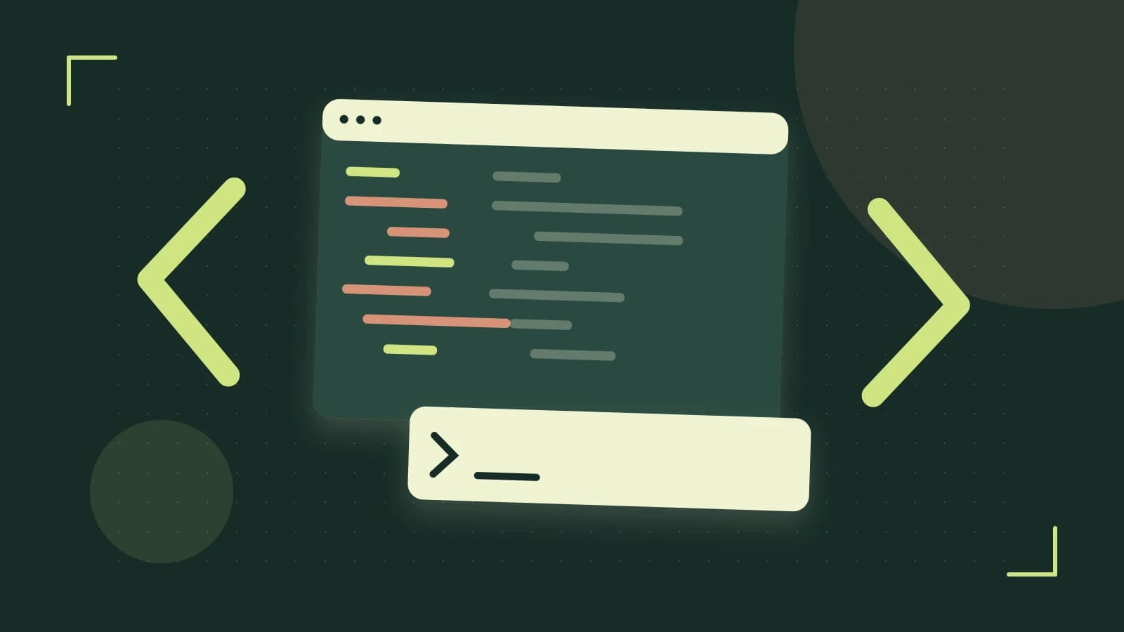 Editorial illustration of an abstract code editor, syntax blocks and oversized programming brackets