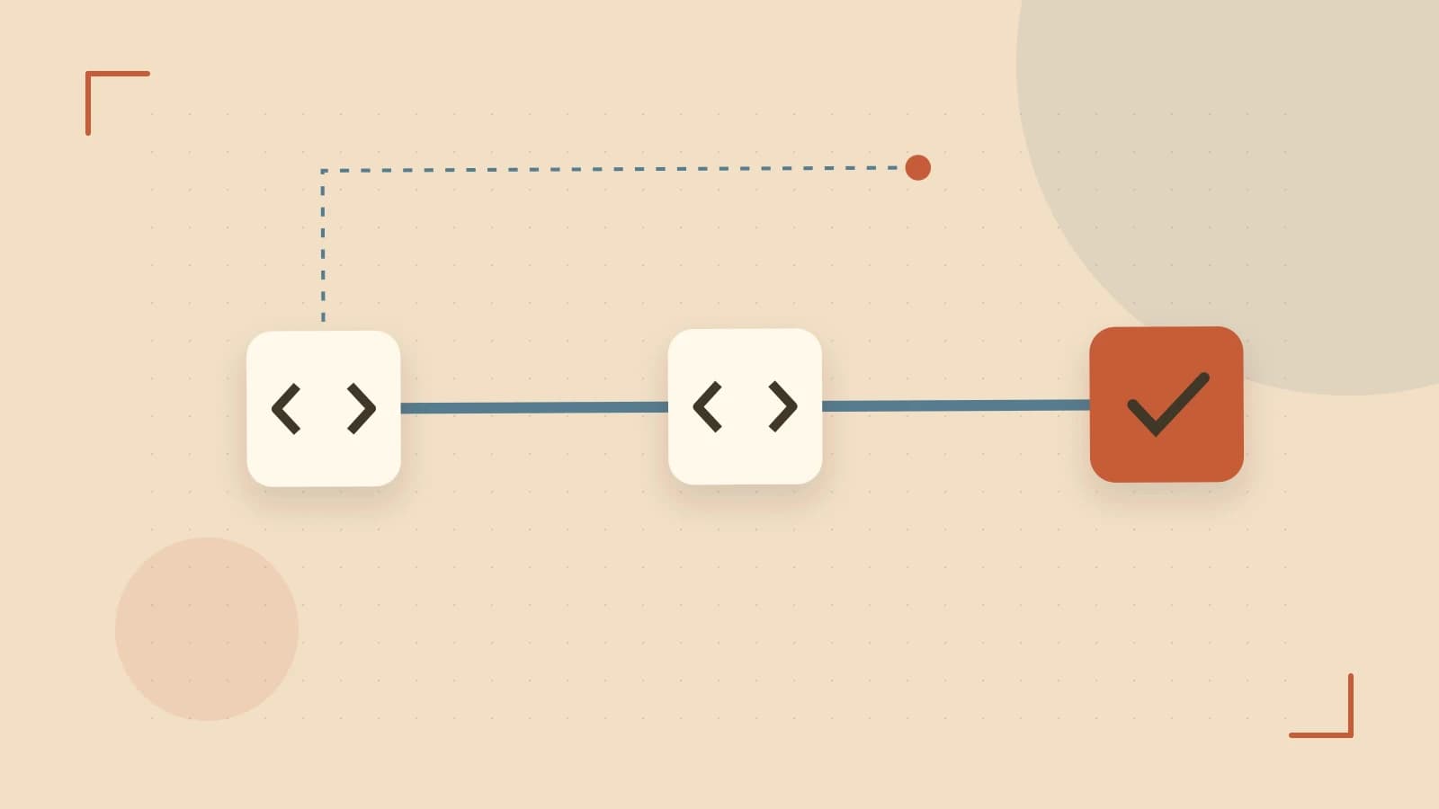 Editorial illustration of a branching build pipeline, staged transformations and a completed check