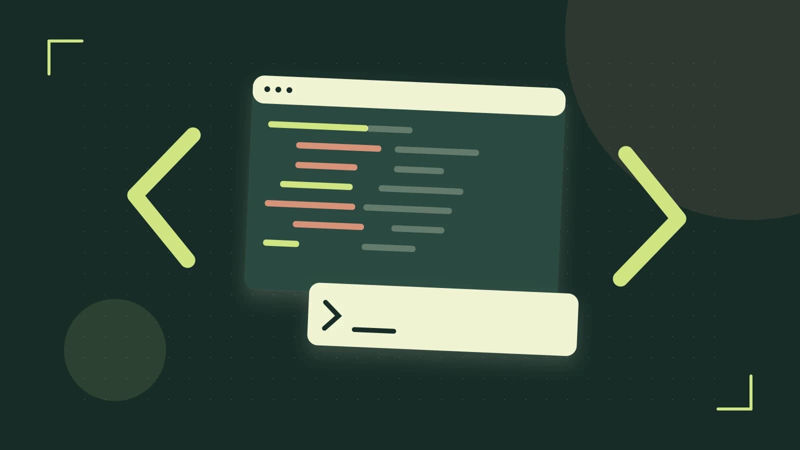 Editorial illustration of an abstract code editor, syntax blocks and oversized programming brackets