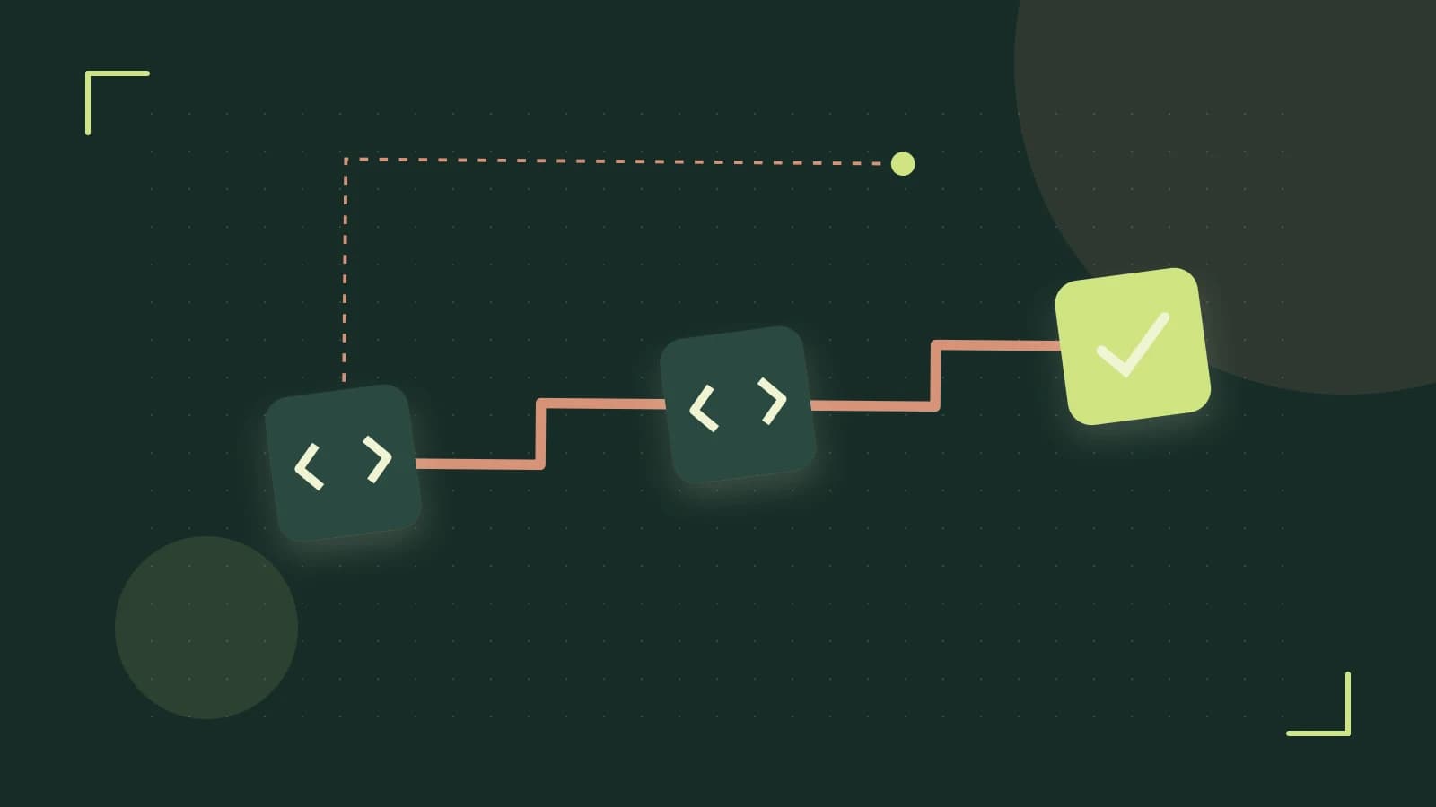 Editorial illustration of a branching build pipeline, staged transformations and a completed check