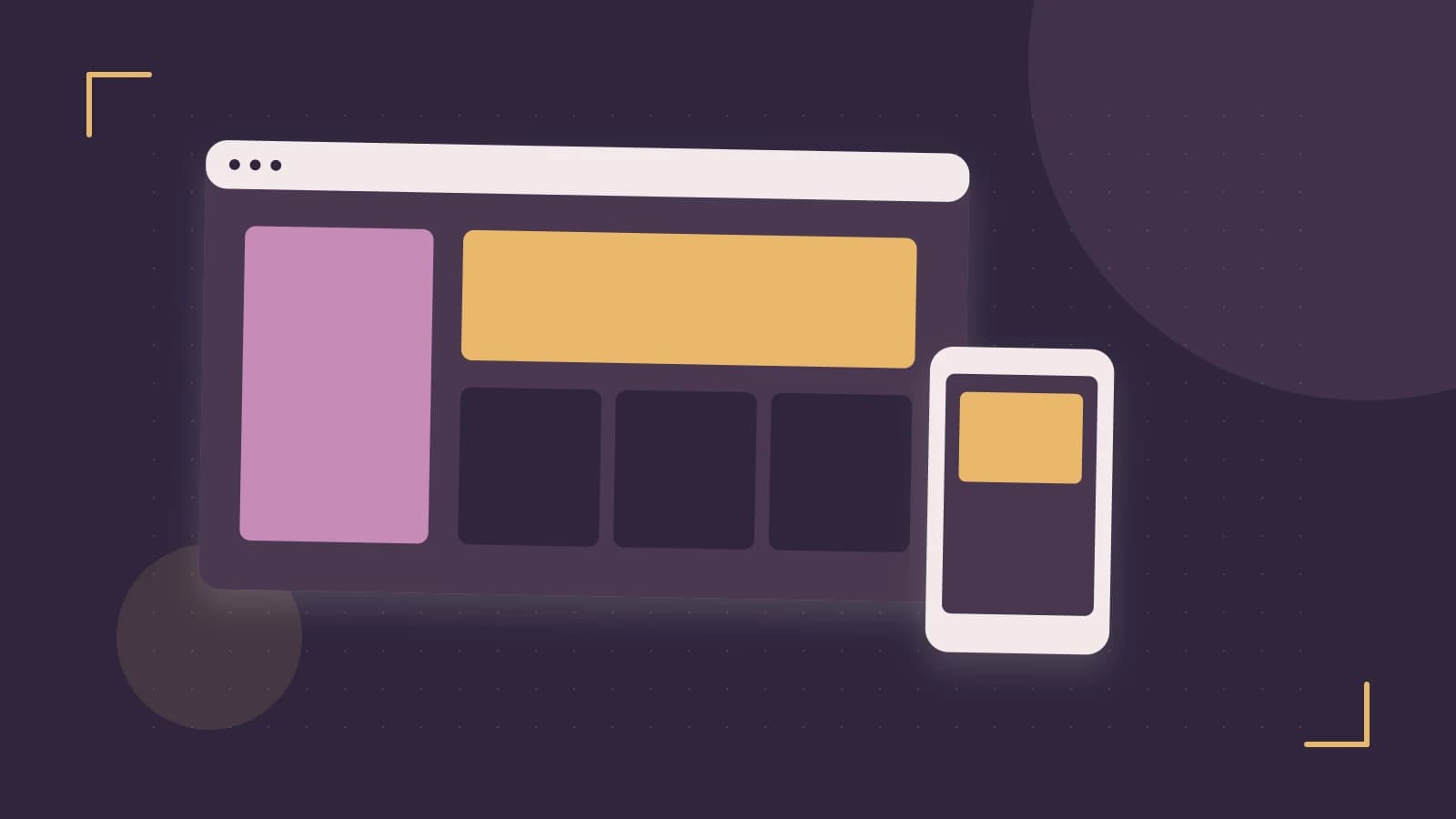 Editorial illustration of responsive browser layouts, overlapping design components and a color system