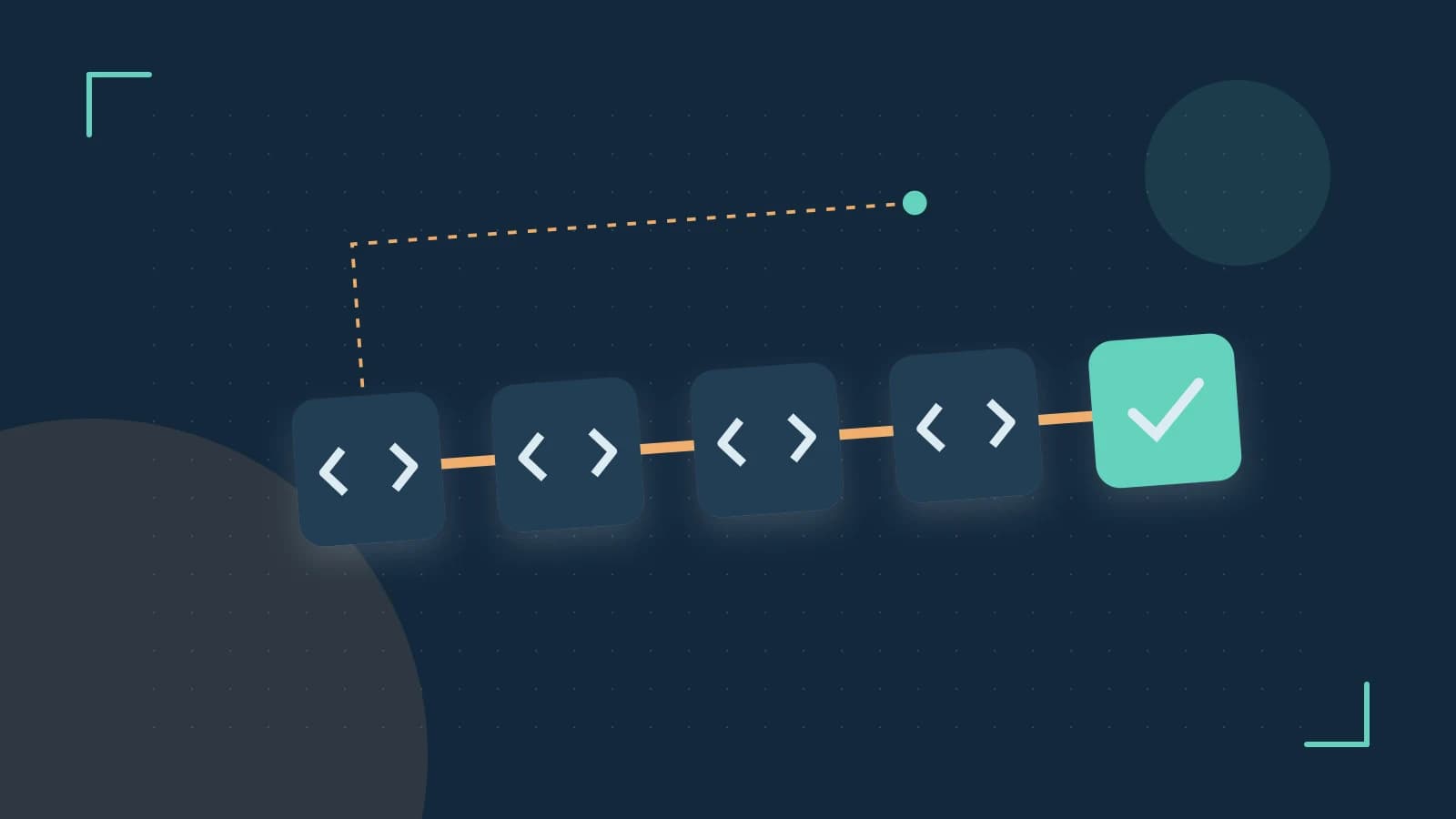 Editorial illustration of a branching build pipeline, staged transformations and a completed check