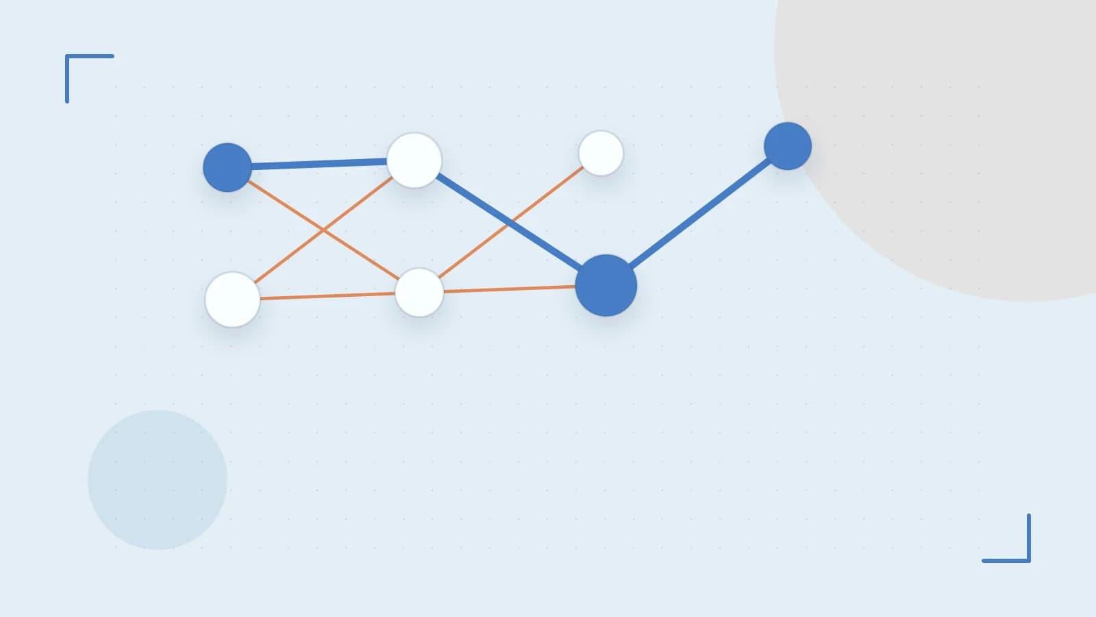 Editorial illustration of an algorithmic node graph with branching paths and a highlighted result