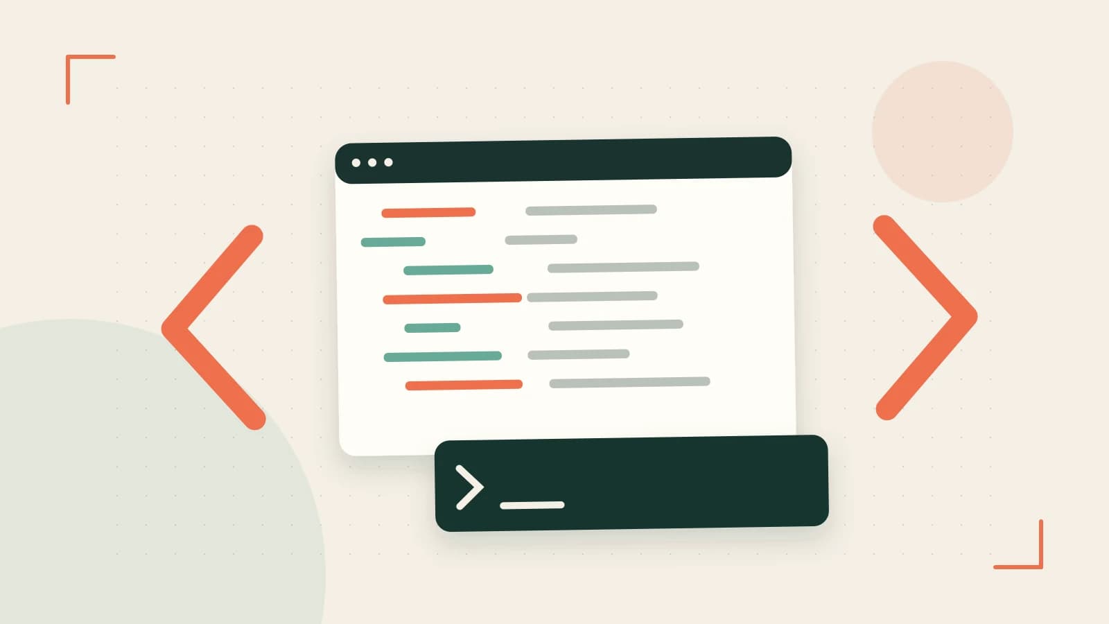 Editorial illustration of an abstract code editor, syntax blocks and oversized programming brackets