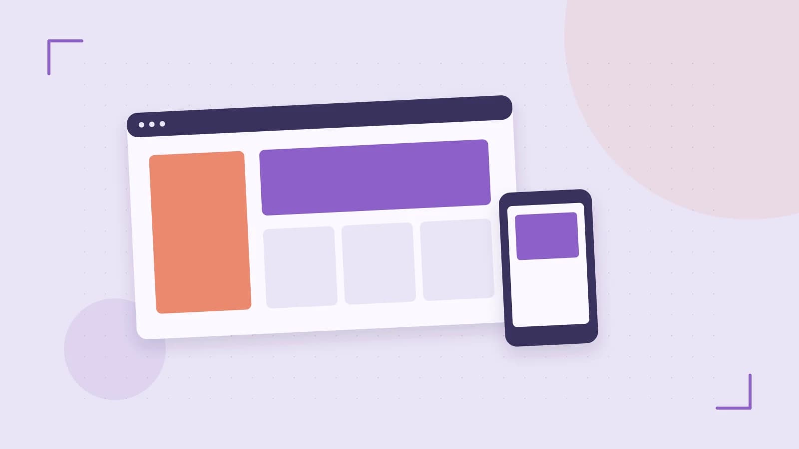 Editorial illustration of responsive browser layouts, overlapping design components and a color system
