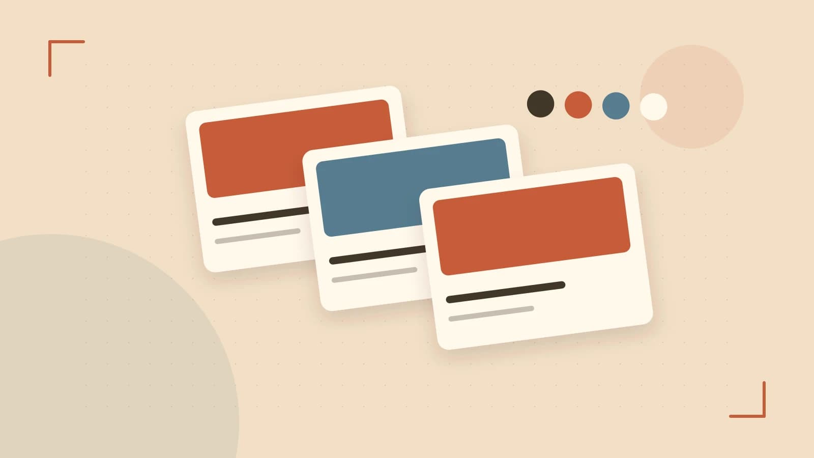 Editorial illustration of responsive browser layouts, overlapping design components and a color system