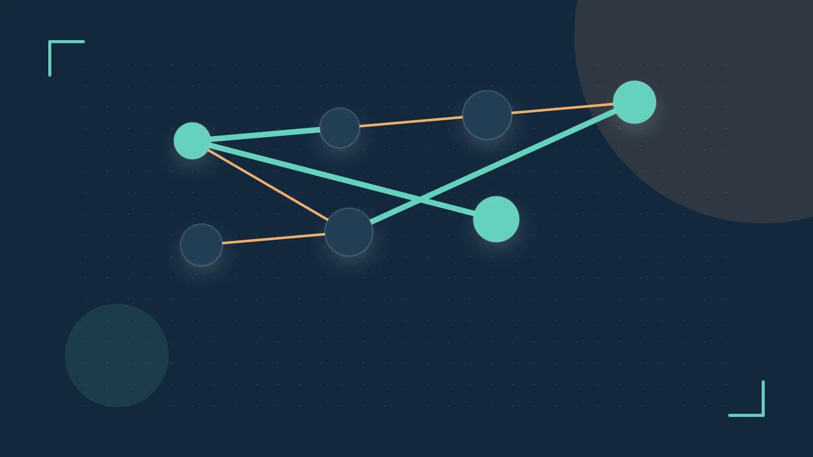 Editorial illustration of an algorithmic node graph with branching paths and a highlighted result