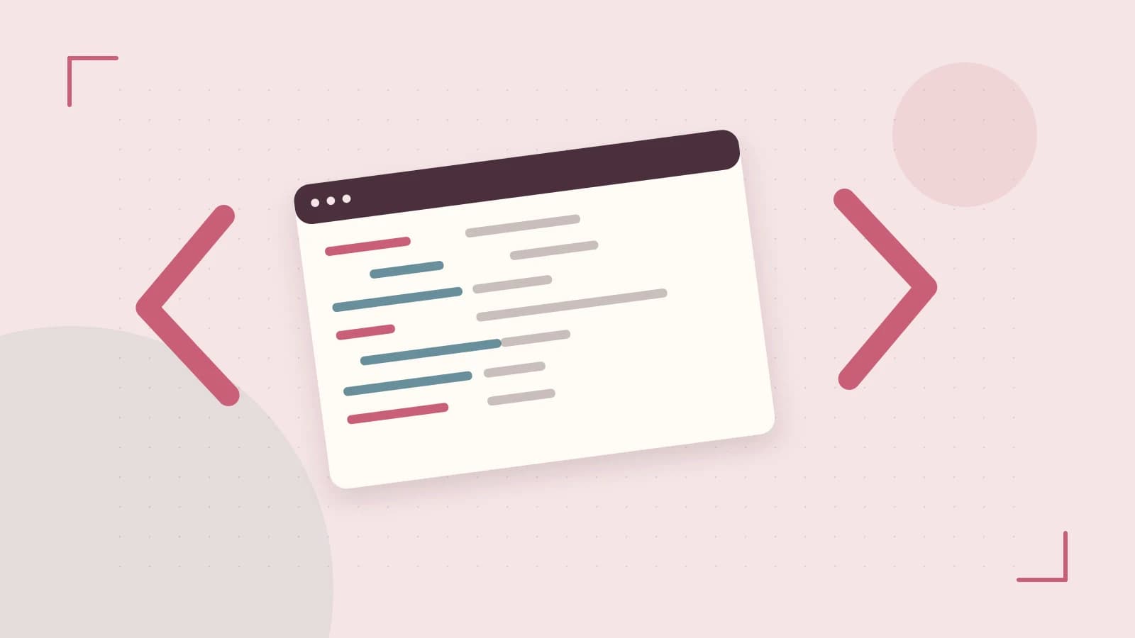 Editorial illustration of an abstract code editor, syntax blocks and oversized programming brackets