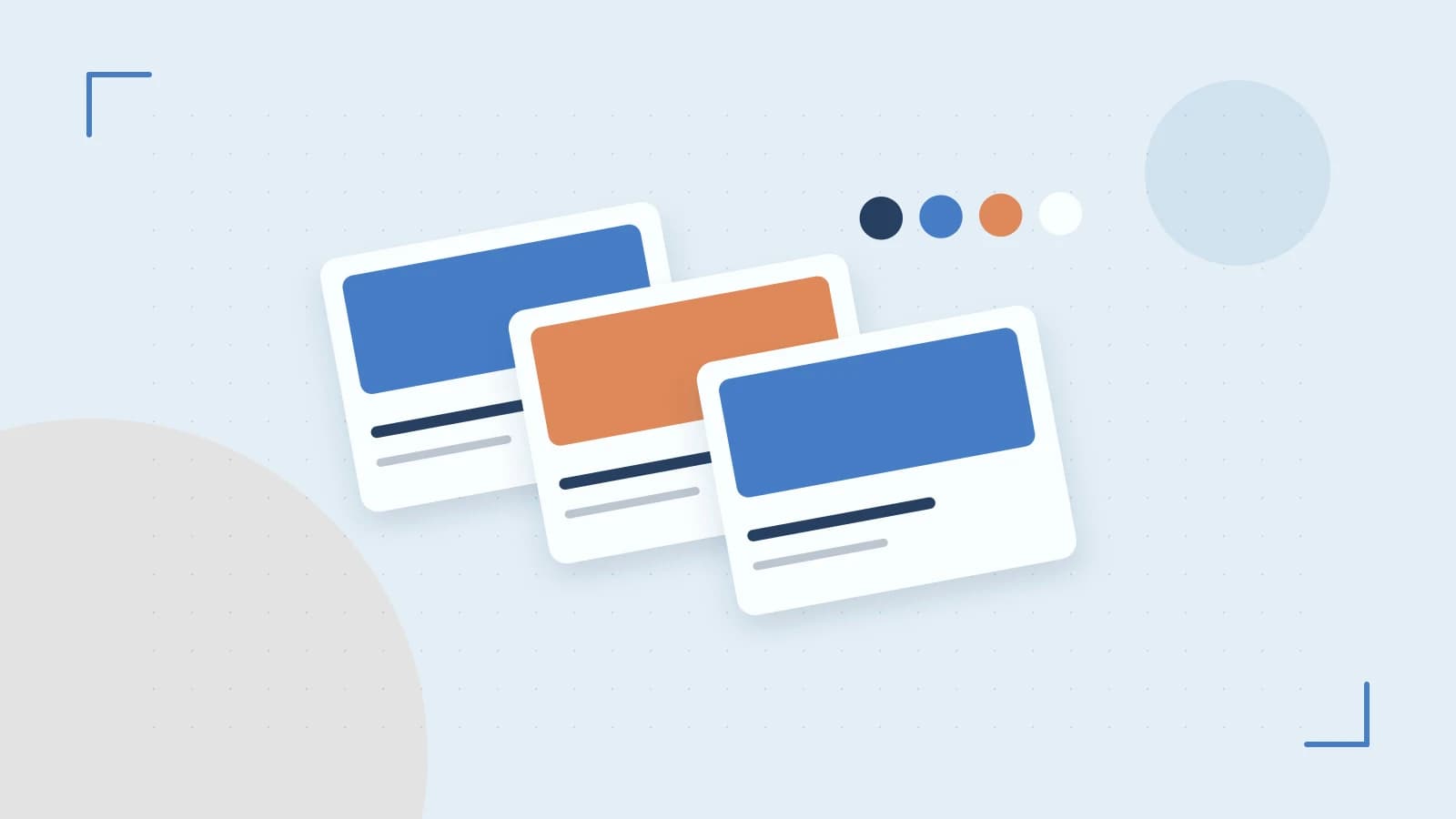 Editorial illustration of responsive browser layouts, overlapping design components and a color system