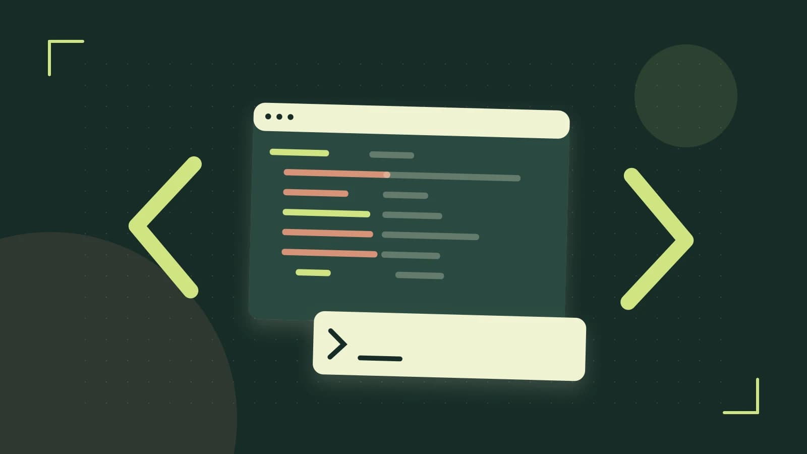 Editorial illustration of an abstract code editor, syntax blocks and oversized programming brackets