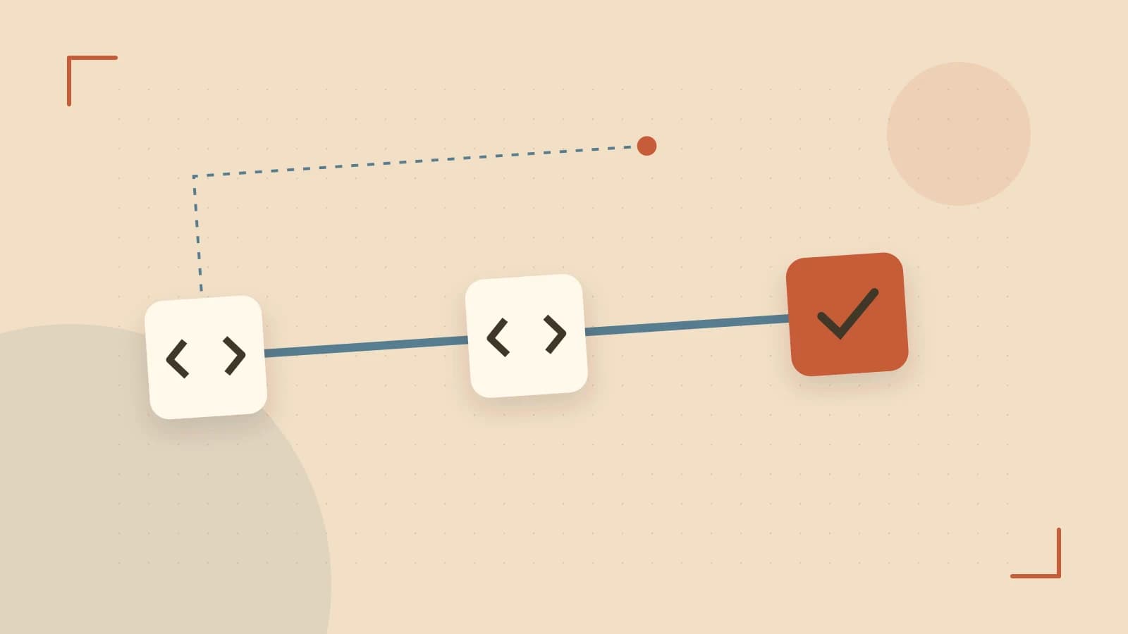 Editorial illustration of a branching build pipeline, staged transformations and a completed check