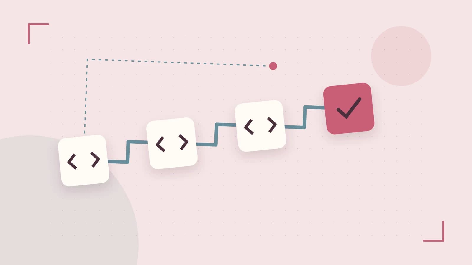Editorial illustration of a branching build pipeline, staged transformations and a completed check