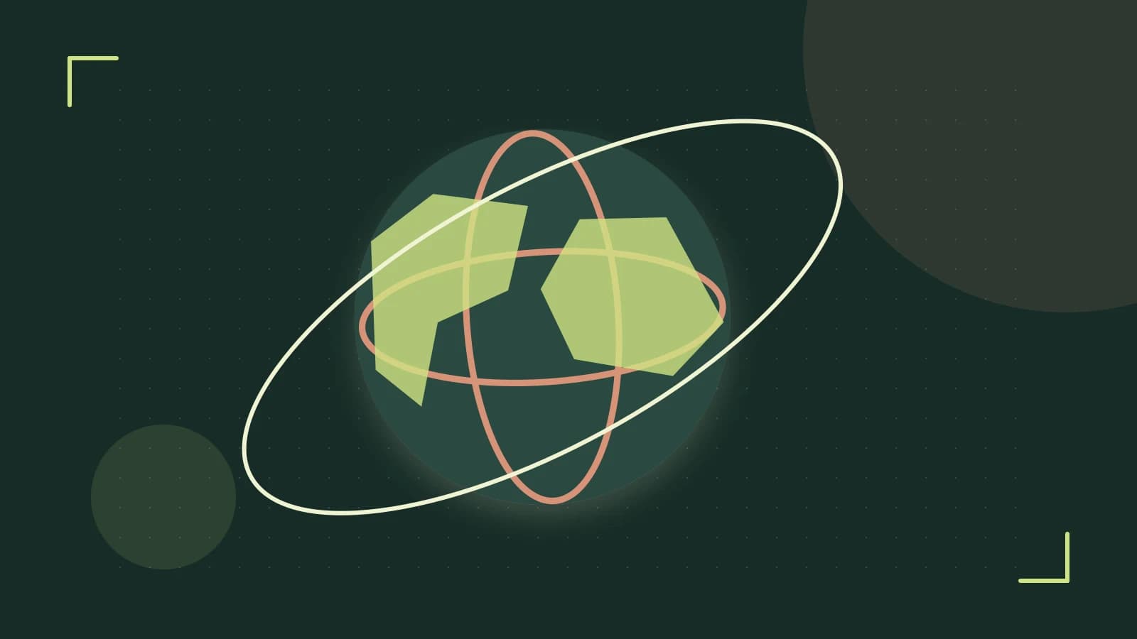 Editorial illustration of an editorial globe with meridians and layered geographic shapes