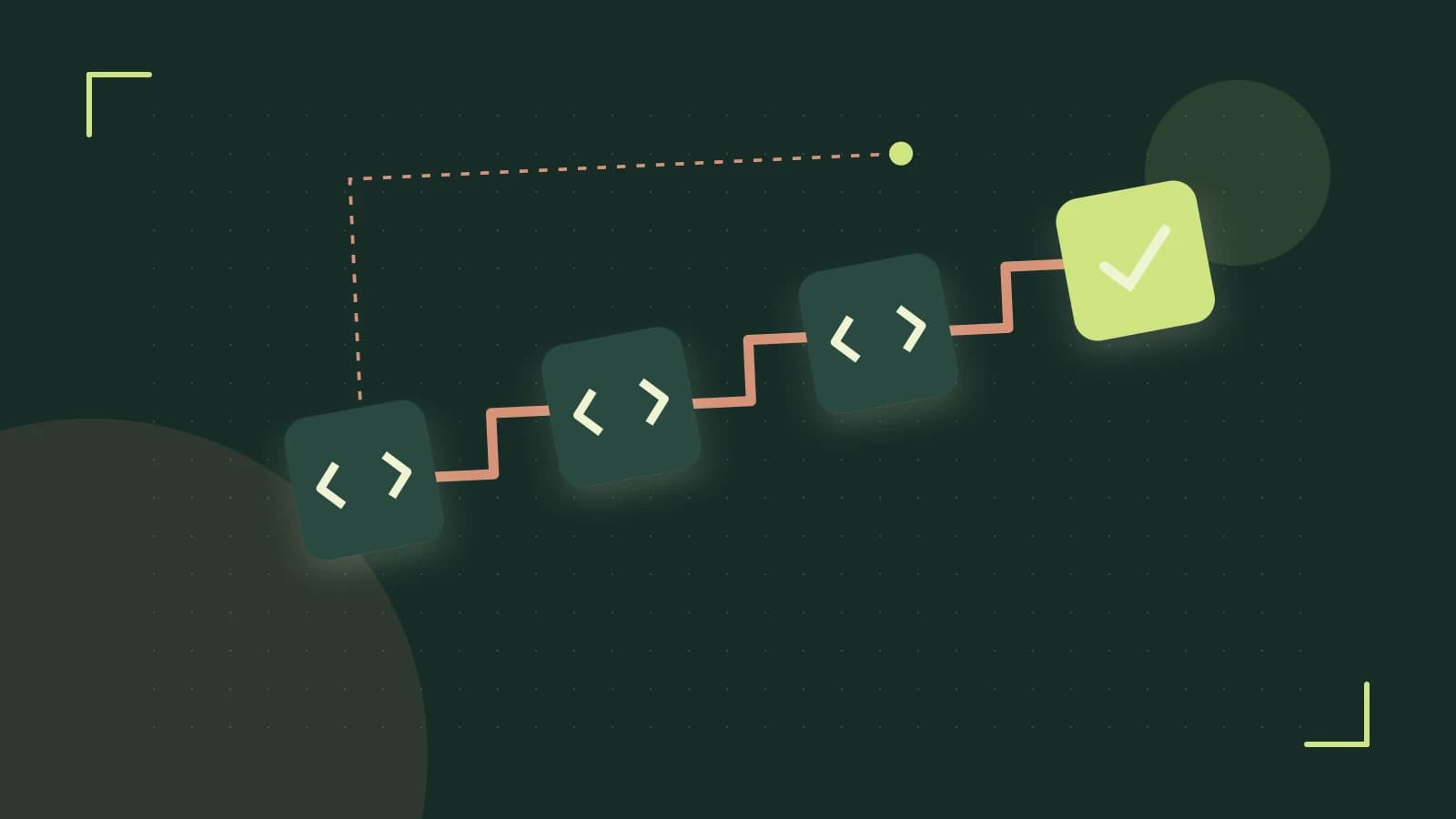 Editorial illustration of a branching build pipeline, staged transformations and a completed check