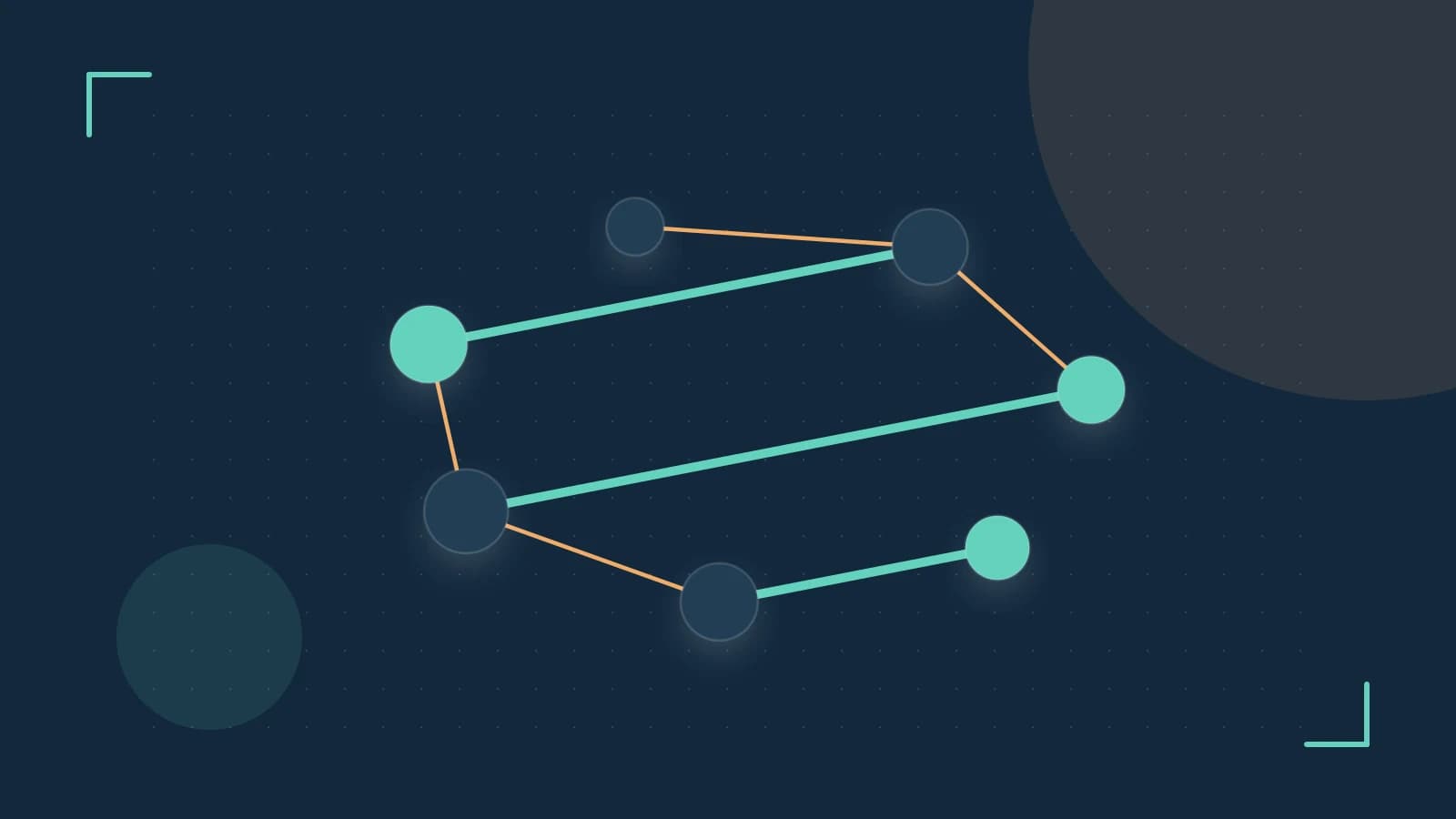 Editorial illustration of an algorithmic node graph with branching paths and a highlighted result