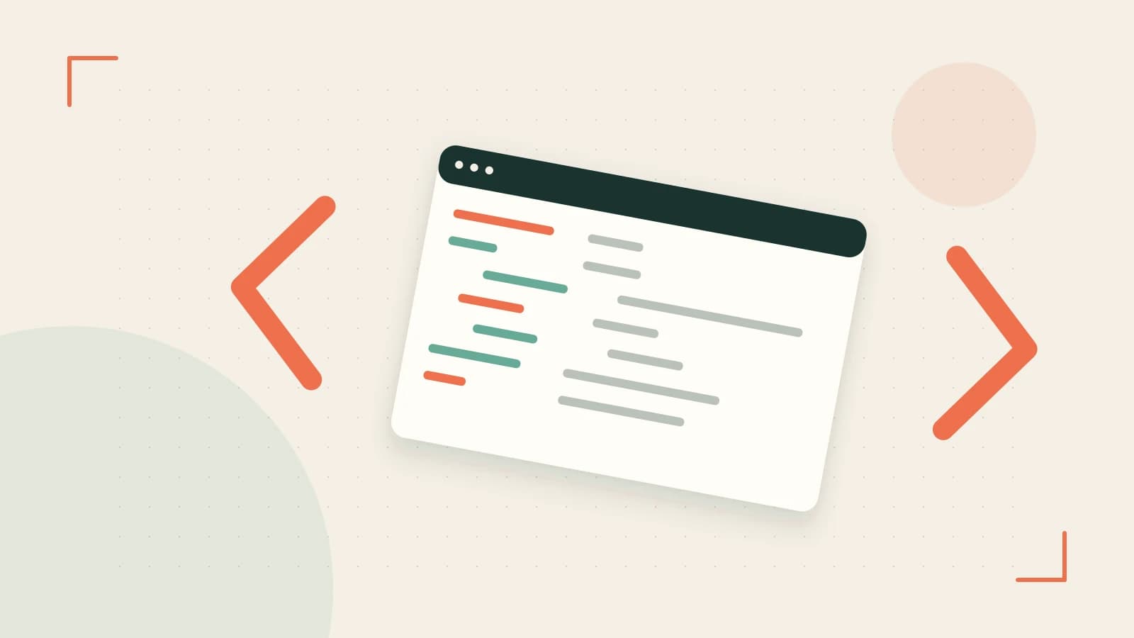 Editorial illustration of an abstract code editor, syntax blocks and oversized programming brackets