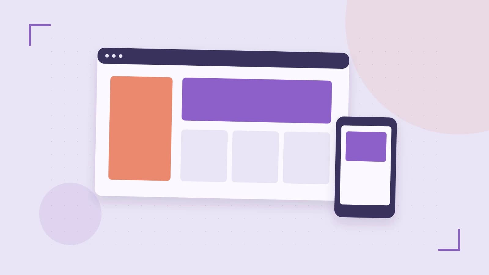 Editorial illustration of responsive browser layouts, overlapping design components and a color system