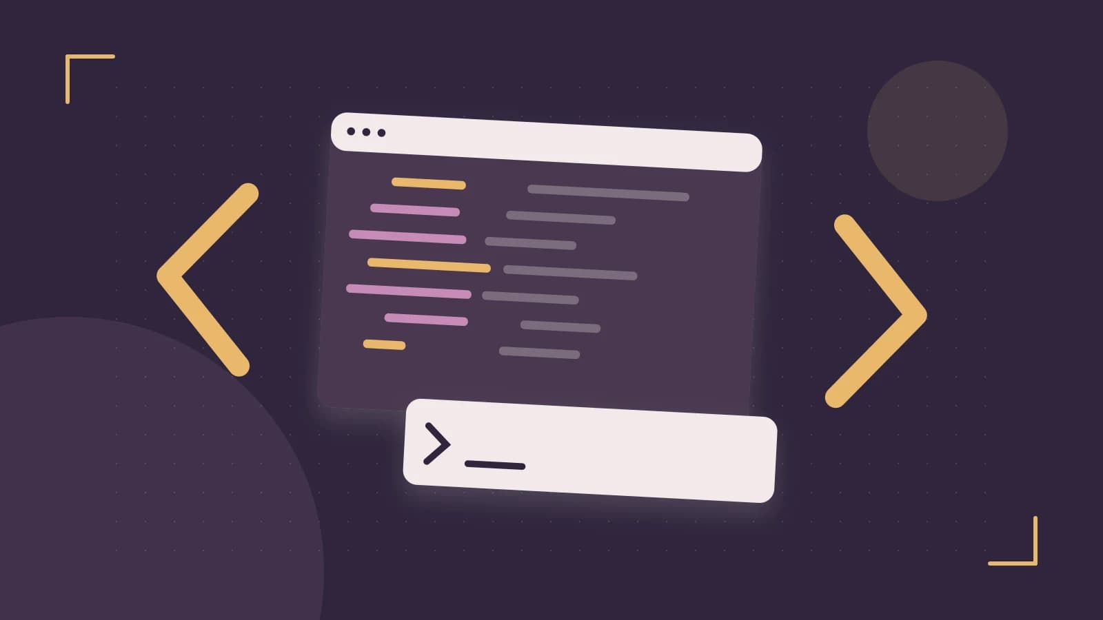 Editorial illustration of an abstract code editor, syntax blocks and oversized programming brackets