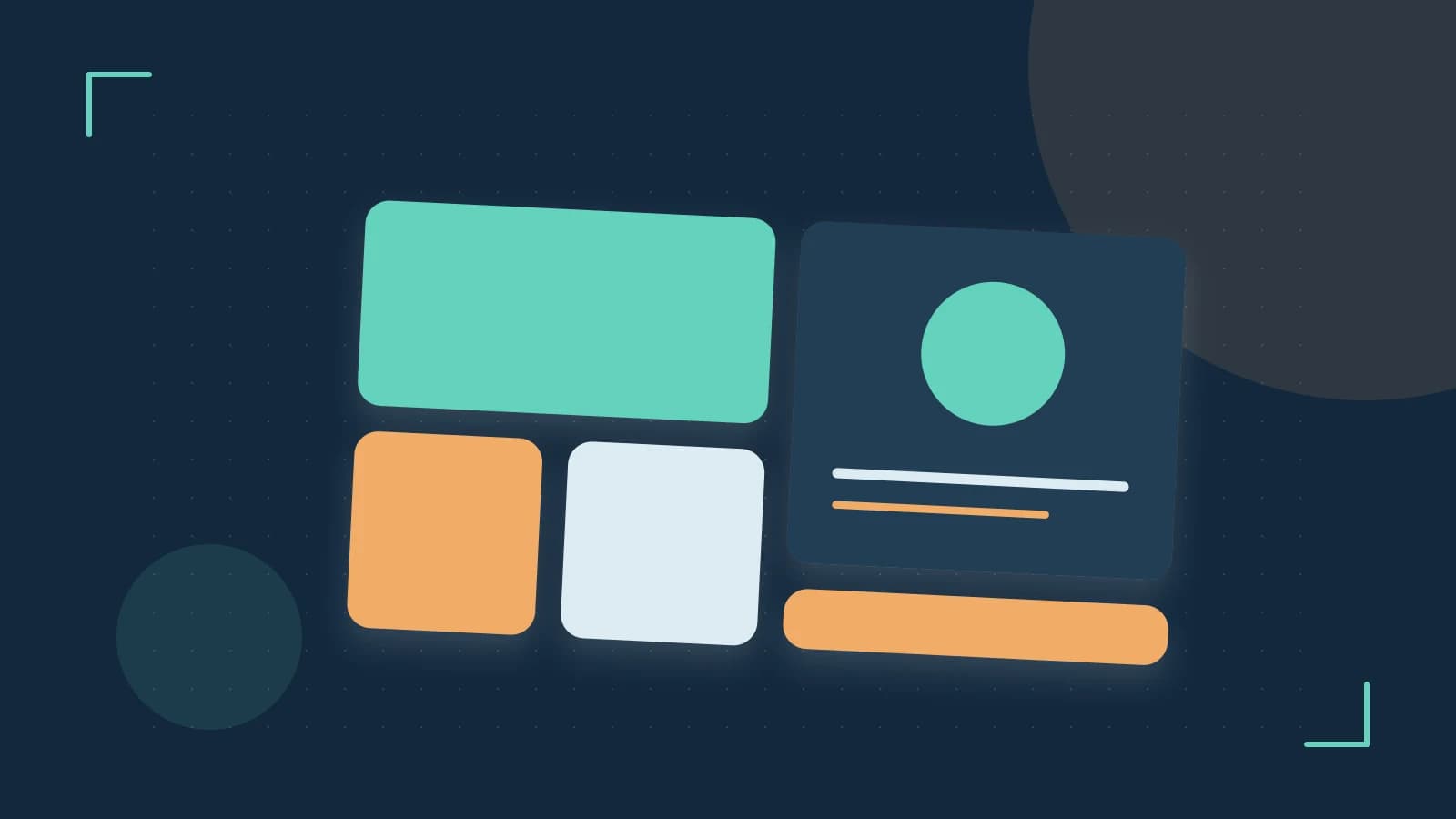 Editorial illustration of responsive browser layouts, overlapping design components and a color system
