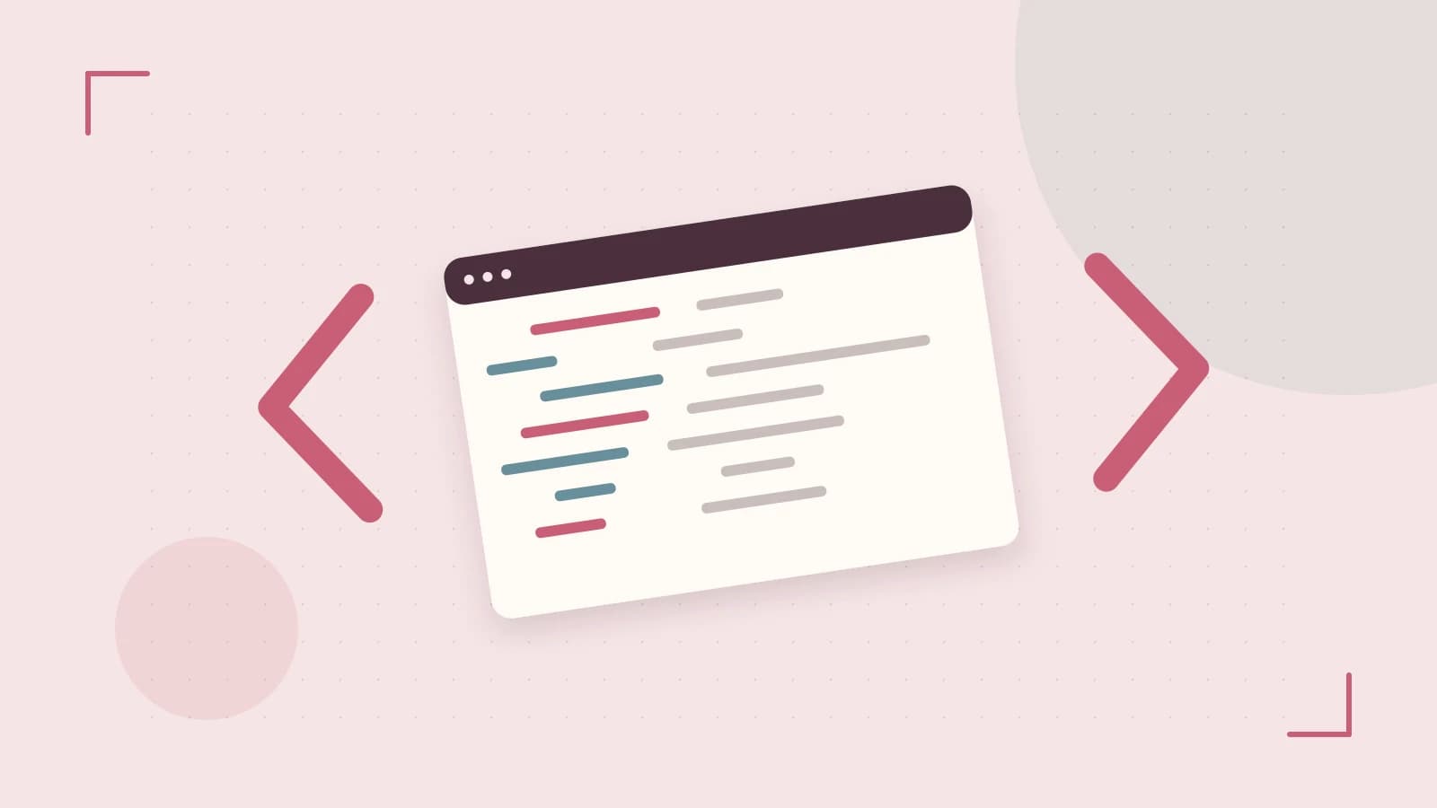 Editorial illustration of an abstract code editor, syntax blocks and oversized programming brackets
