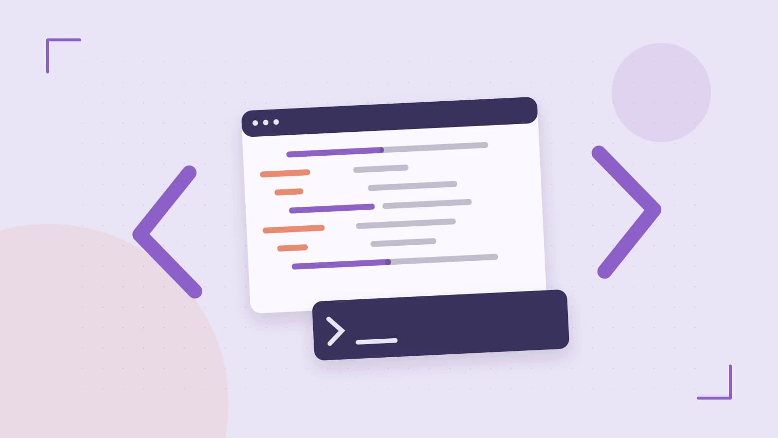 Editorial illustration of an abstract code editor, syntax blocks and oversized programming brackets