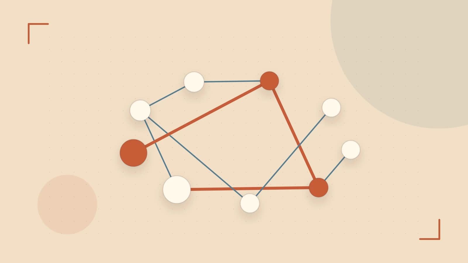 Editorial illustration of an algorithmic node graph with branching paths and a highlighted result