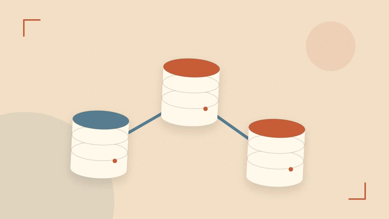 Editorial illustration of structured records, database cylinders and relationships between tables