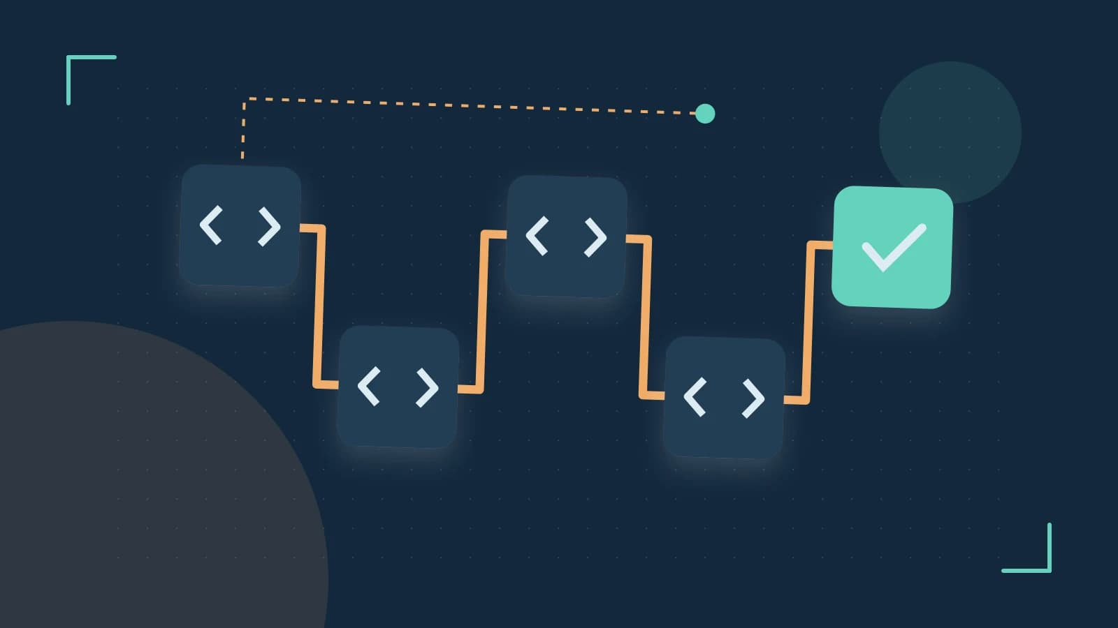 Editorial illustration of a branching build pipeline, staged transformations and a completed check