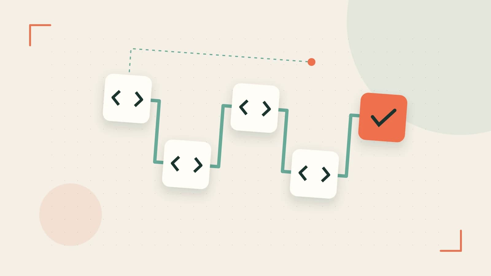 Editorial illustration of a branching build pipeline, staged transformations and a completed check