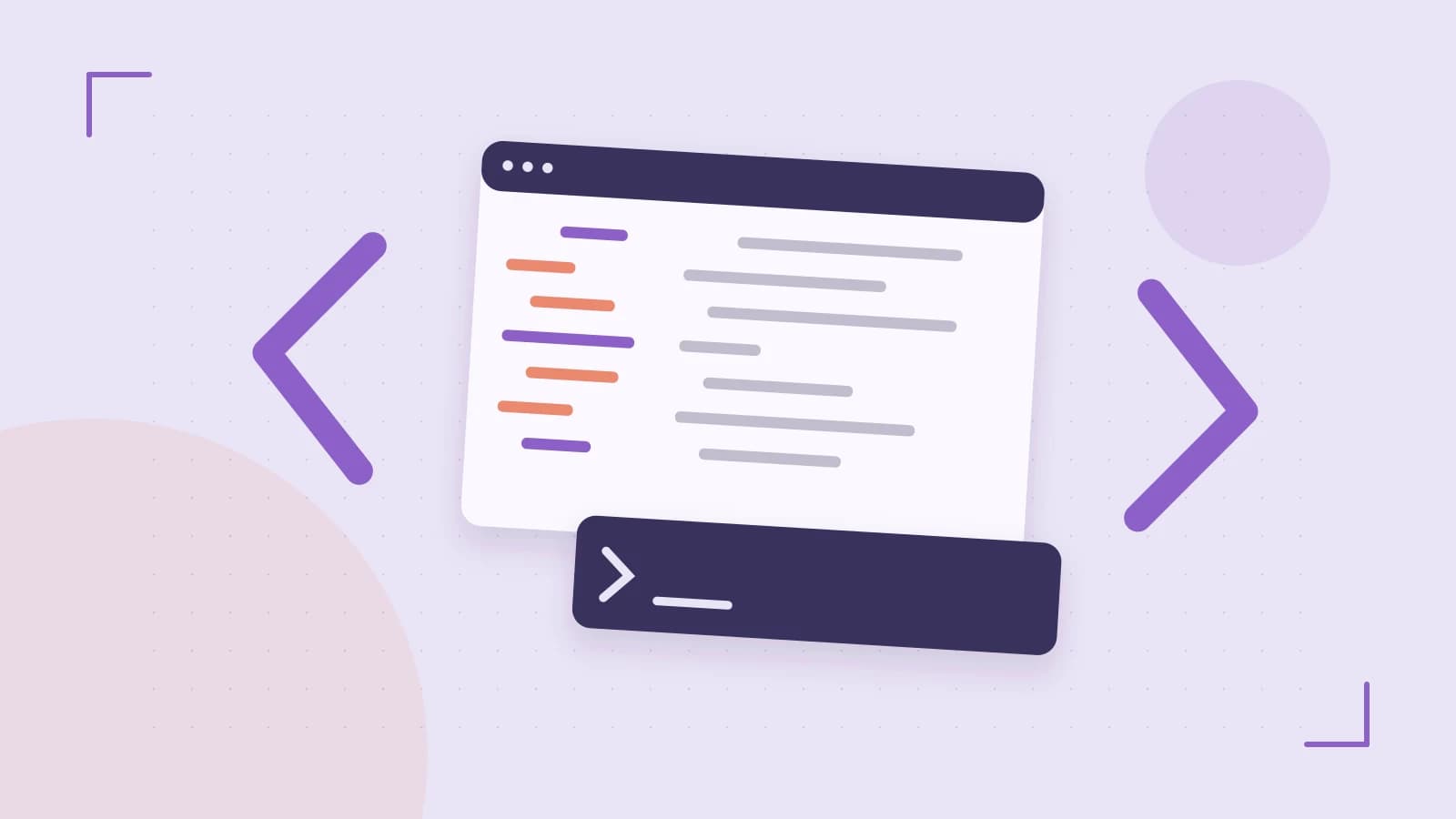 Editorial illustration of an abstract code editor, syntax blocks and oversized programming brackets