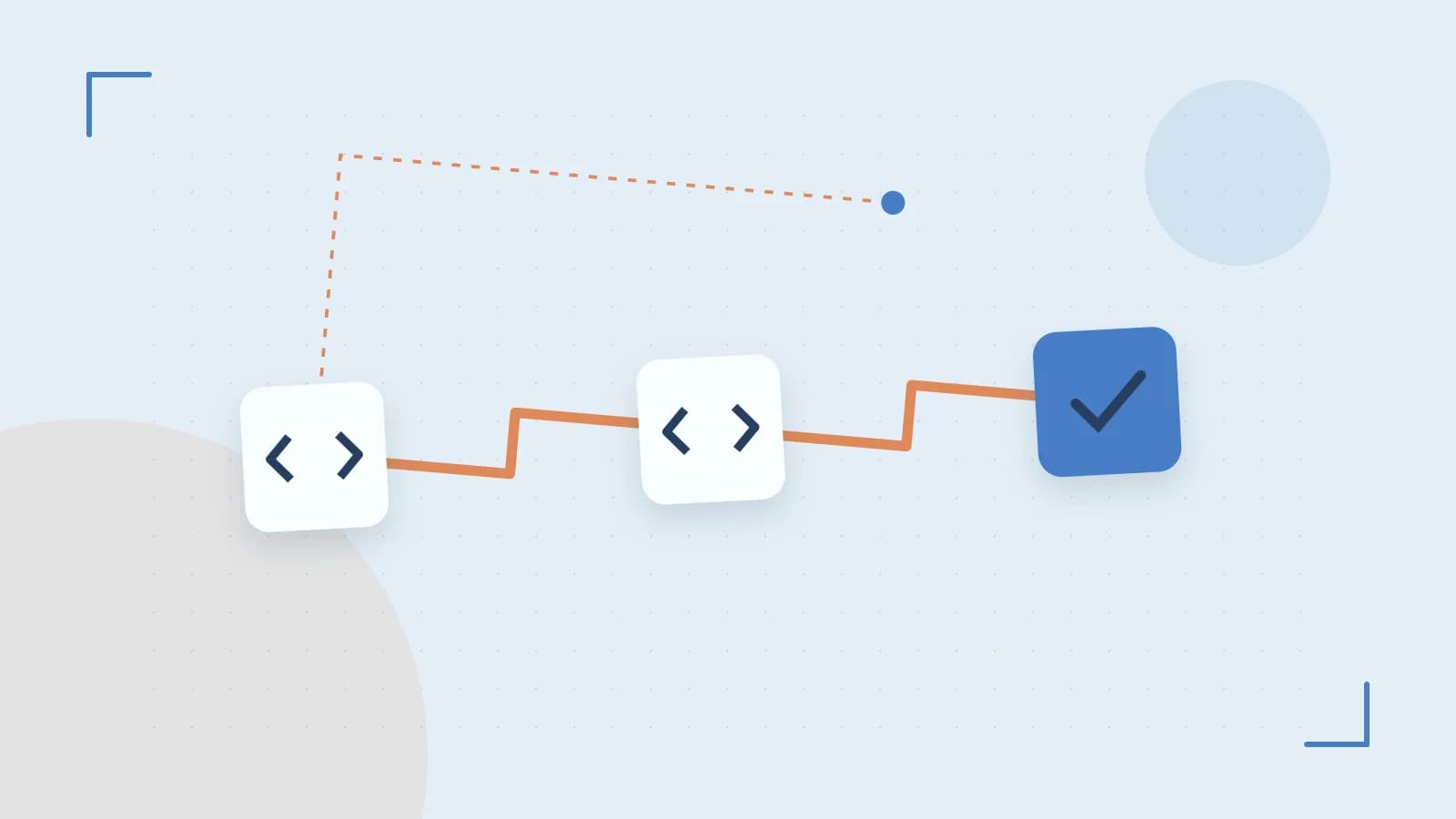 Editorial illustration of a branching build pipeline, staged transformations and a completed check