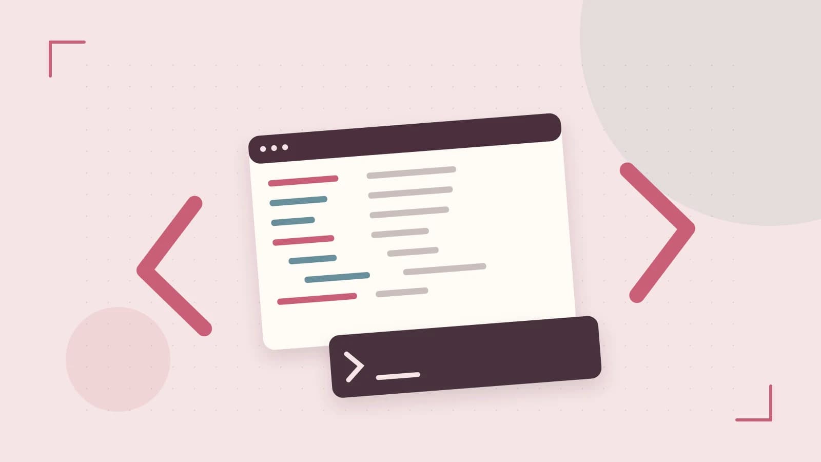 Editorial illustration of an abstract code editor, syntax blocks and oversized programming brackets