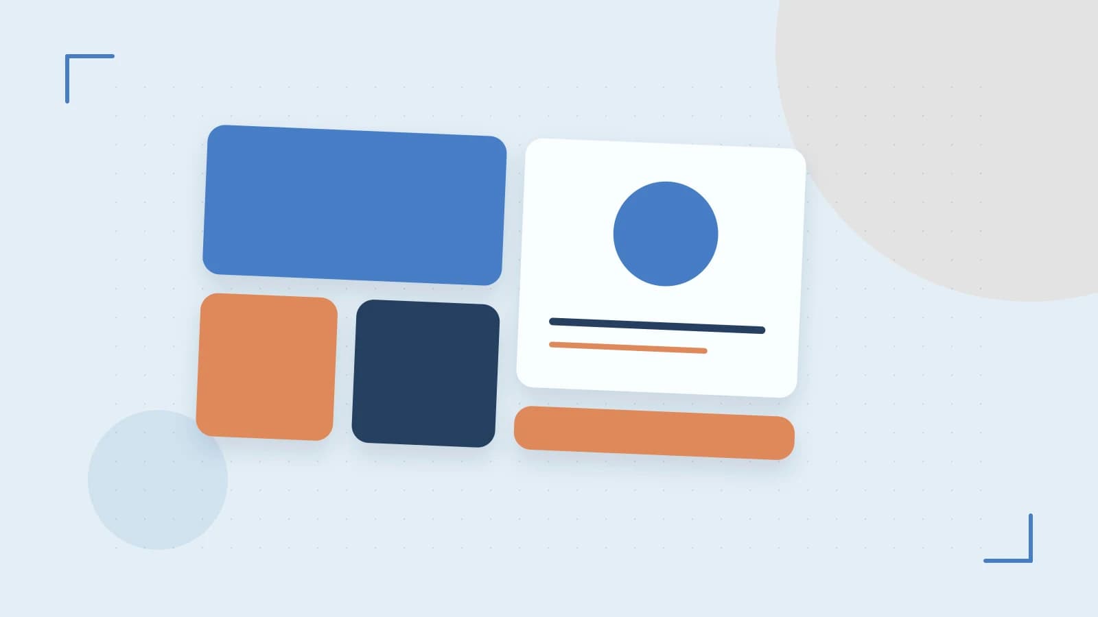 Editorial illustration of responsive browser layouts, overlapping design components and a color system