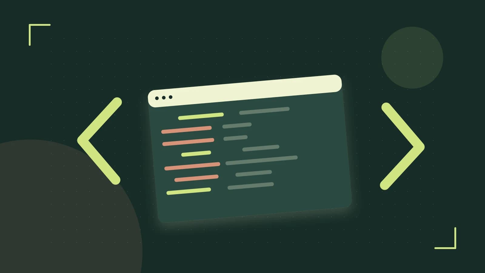 Editorial illustration of an abstract code editor, syntax blocks and oversized programming brackets