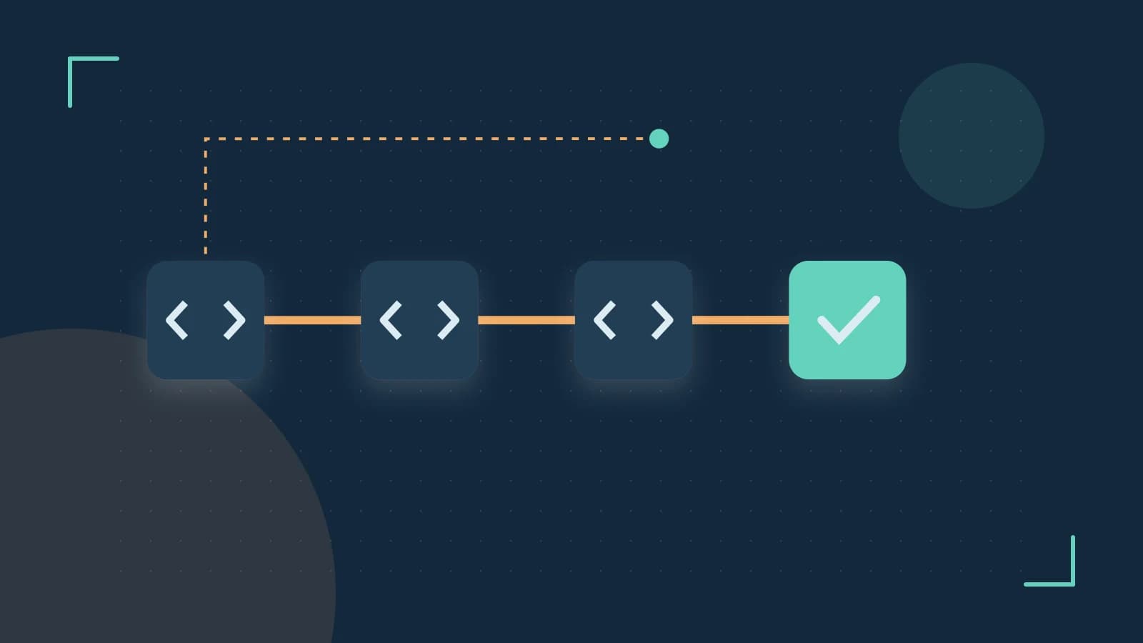 Editorial illustration of a branching build pipeline, staged transformations and a completed check