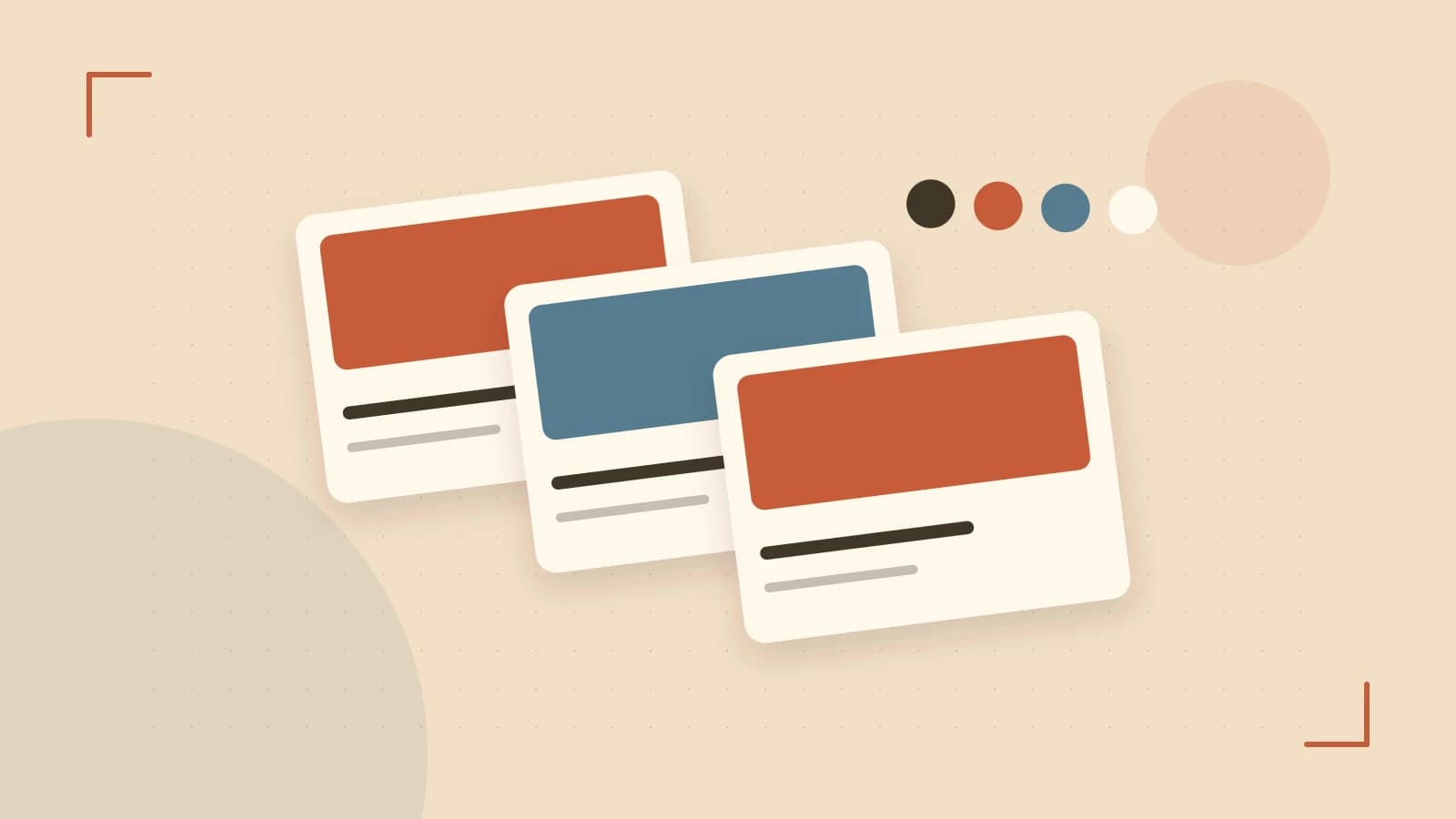 Editorial illustration of responsive browser layouts, overlapping design components and a color system