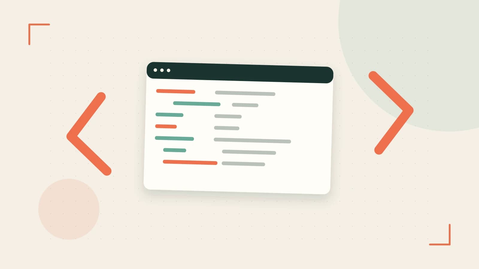 Editorial illustration of an abstract code editor, syntax blocks and oversized programming brackets
