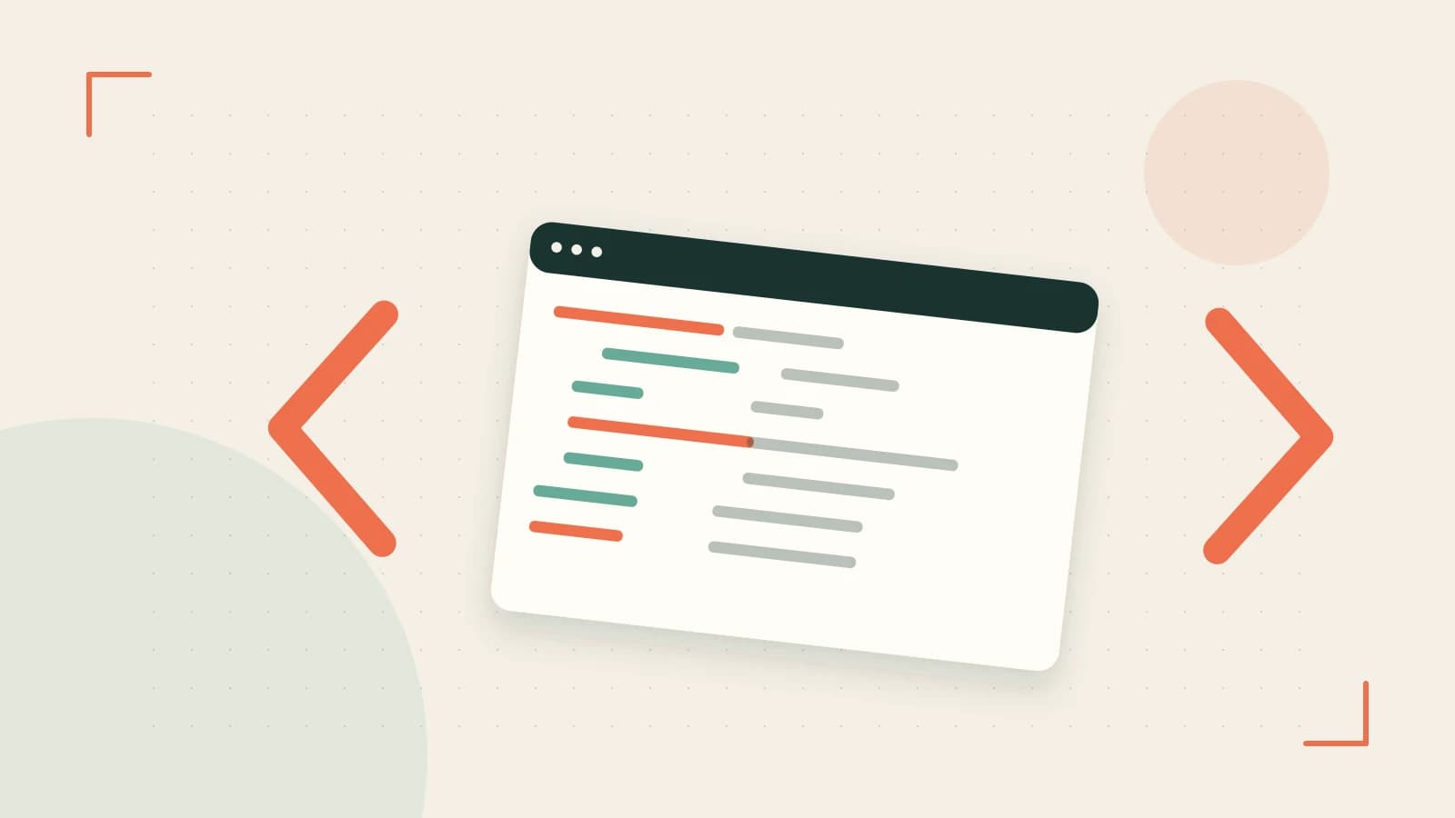 Editorial illustration of an abstract code editor, syntax blocks and oversized programming brackets