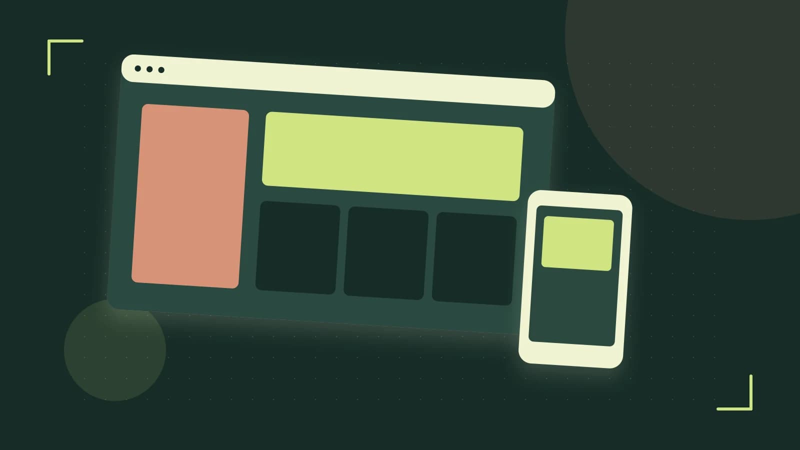 Editorial illustration of responsive browser layouts, overlapping design components and a color system