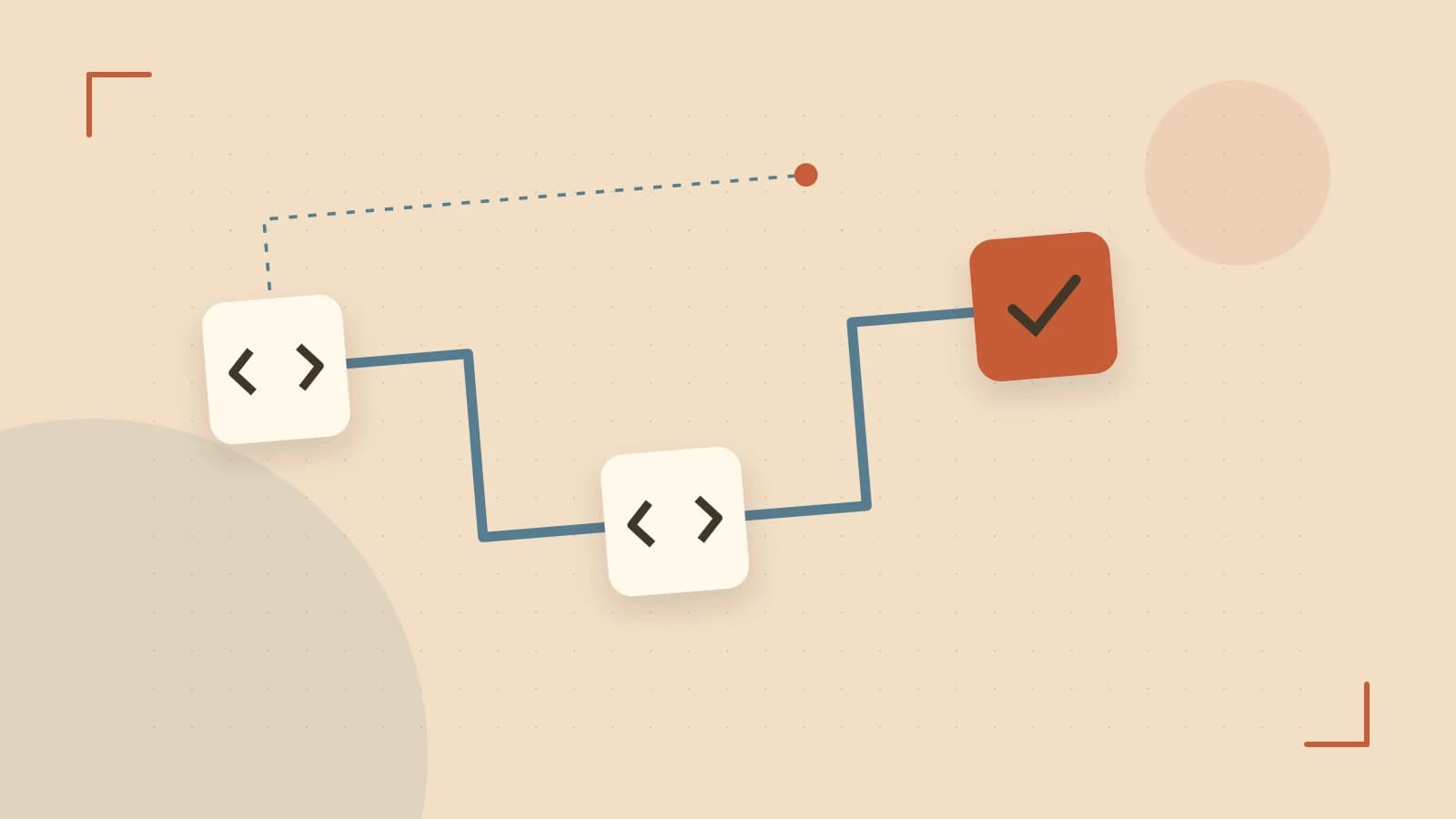Editorial illustration of a branching build pipeline, staged transformations and a completed check