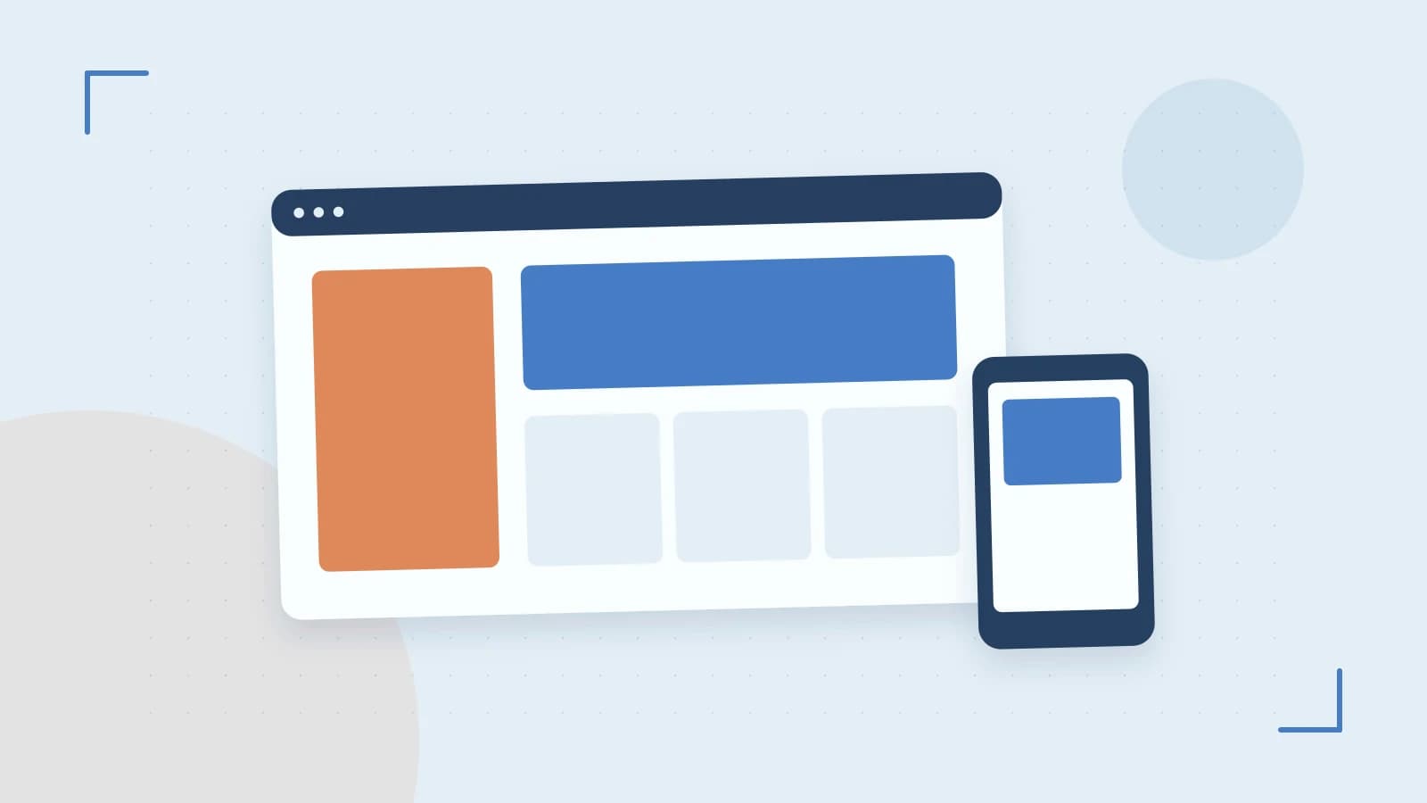 Editorial illustration of responsive browser layouts, overlapping design components and a color system