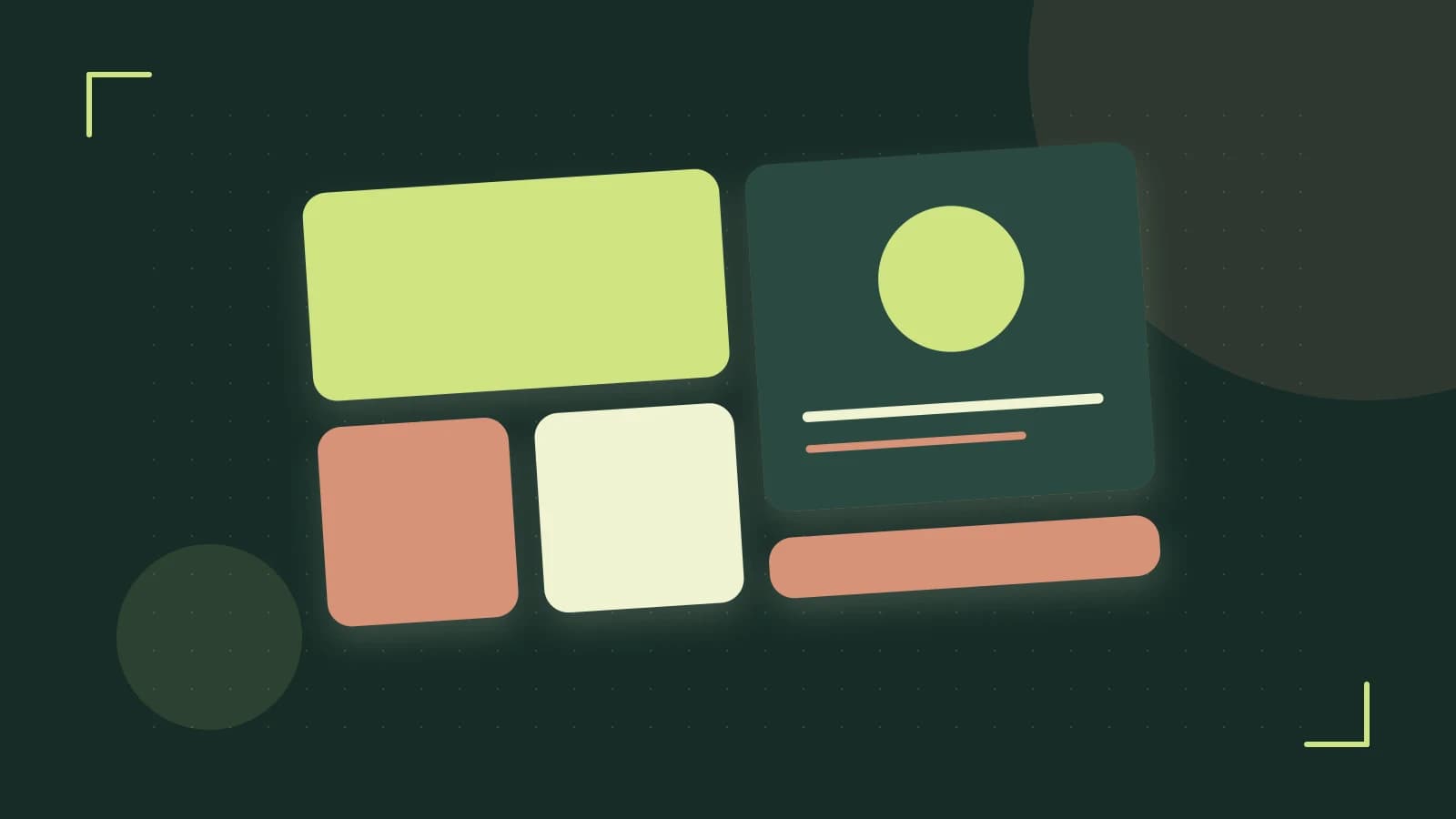 Editorial illustration of responsive browser layouts, overlapping design components and a color system