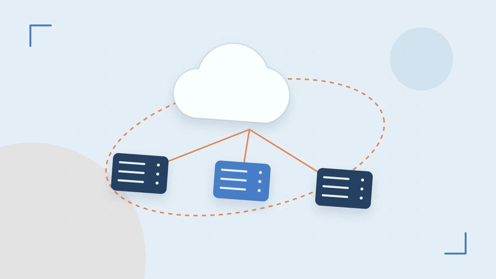 Editorial illustration of cloud infrastructure, connected server racks and an orbital service map