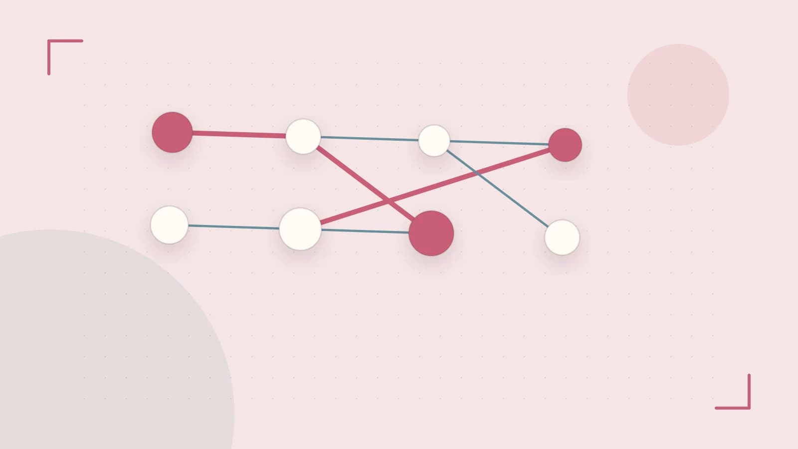 Editorial illustration of an algorithmic node graph with branching paths and a highlighted result