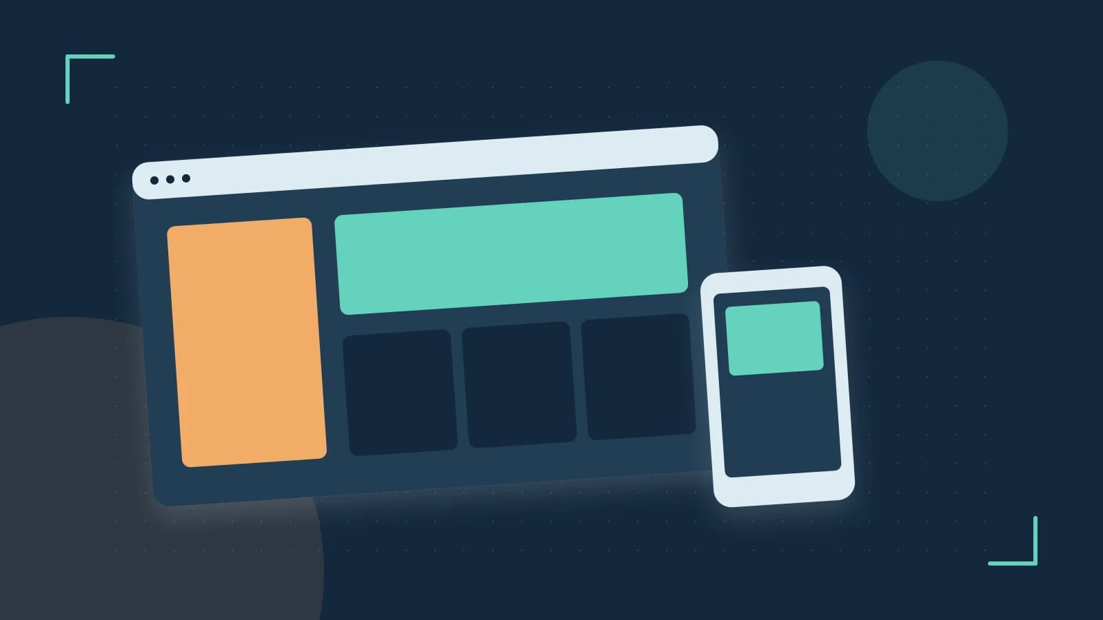 Editorial illustration of responsive browser layouts, overlapping design components and a color system