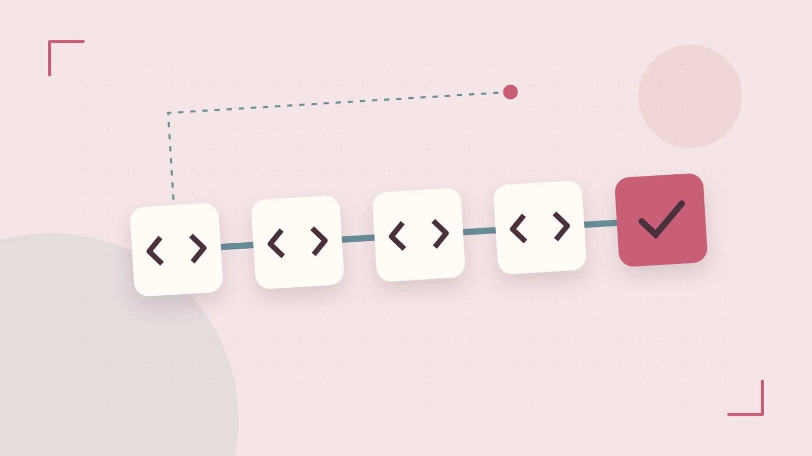 Editorial illustration of a branching build pipeline, staged transformations and a completed check